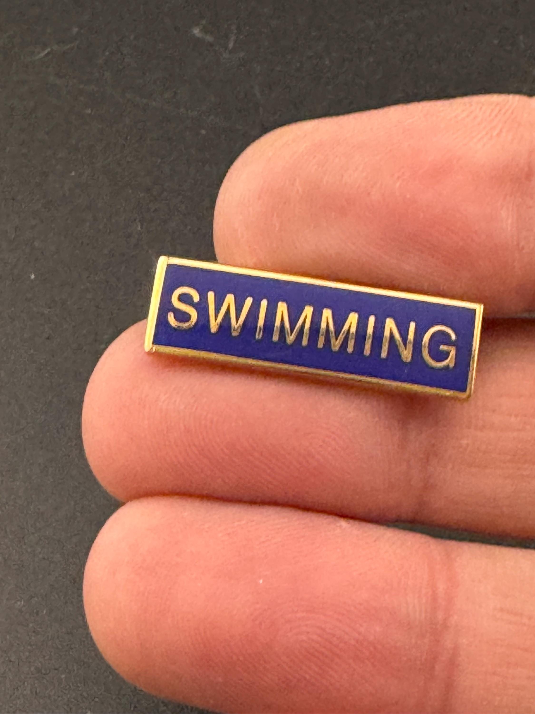 Vintage retro small blue enamel brass swimming old school badge pin brooch