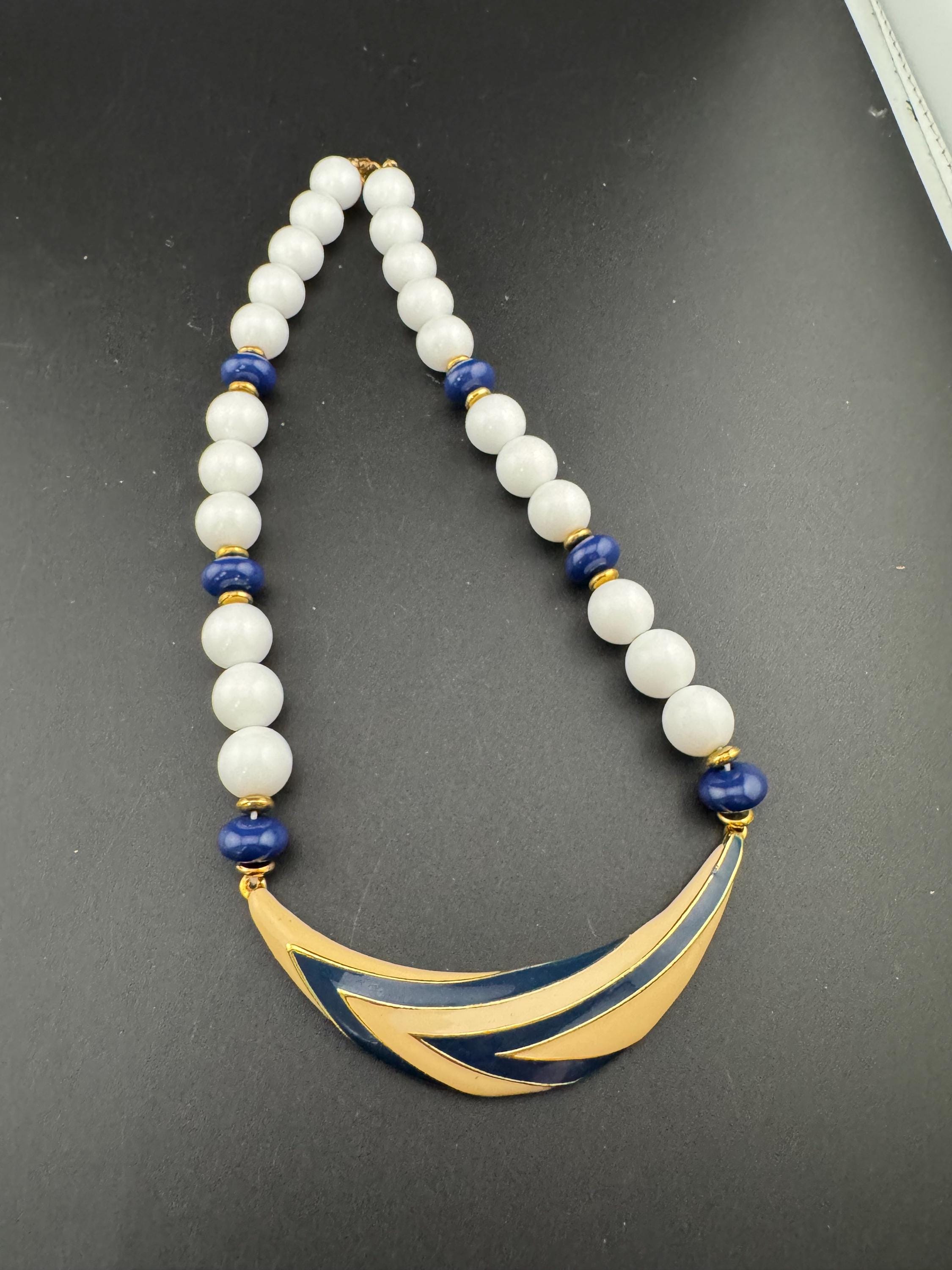 Vintage blue, beige and white enamel beaded plastic necklace, nautical style
