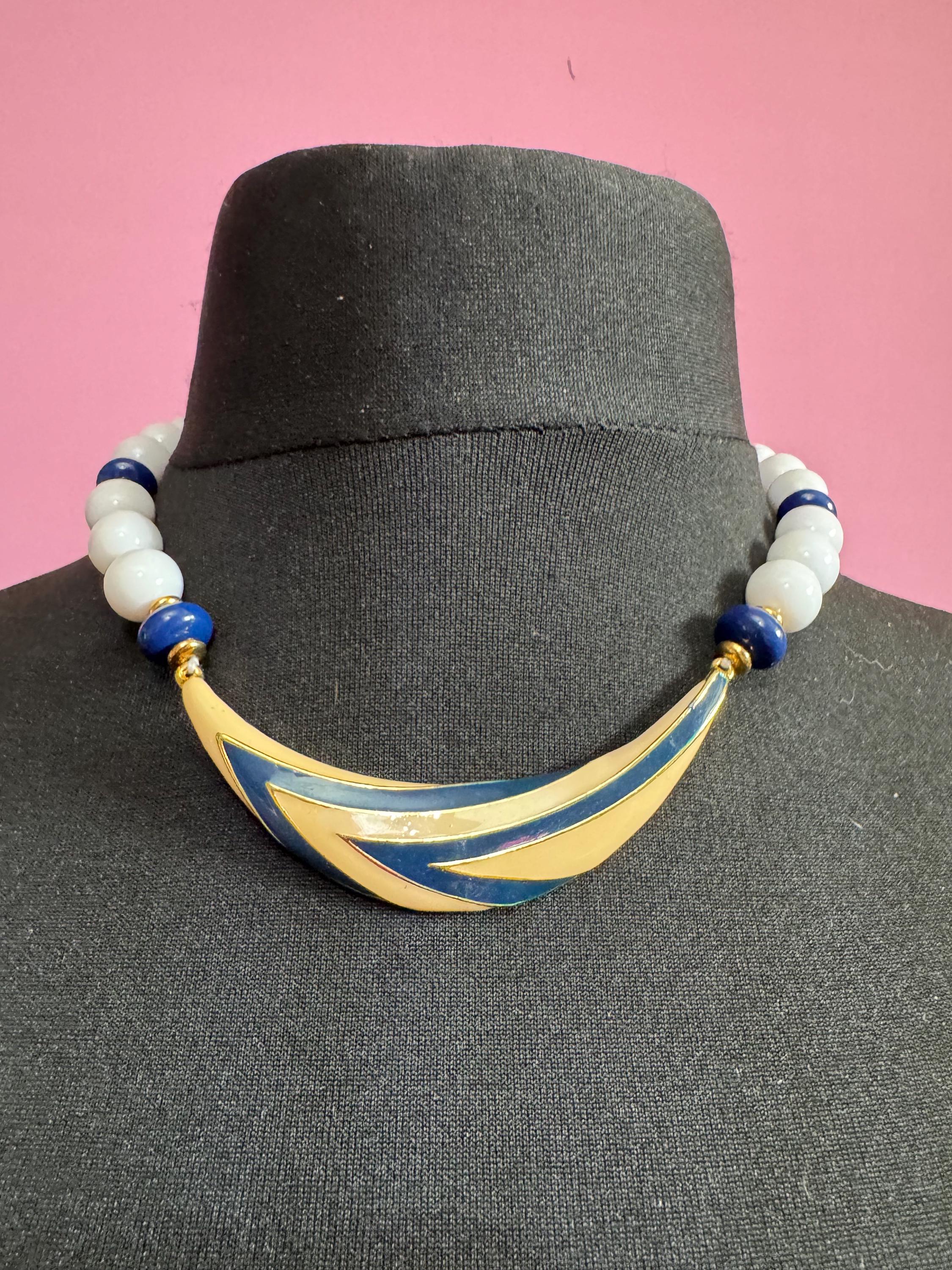 Vintage blue, beige and white enamel beaded plastic necklace, nautical style