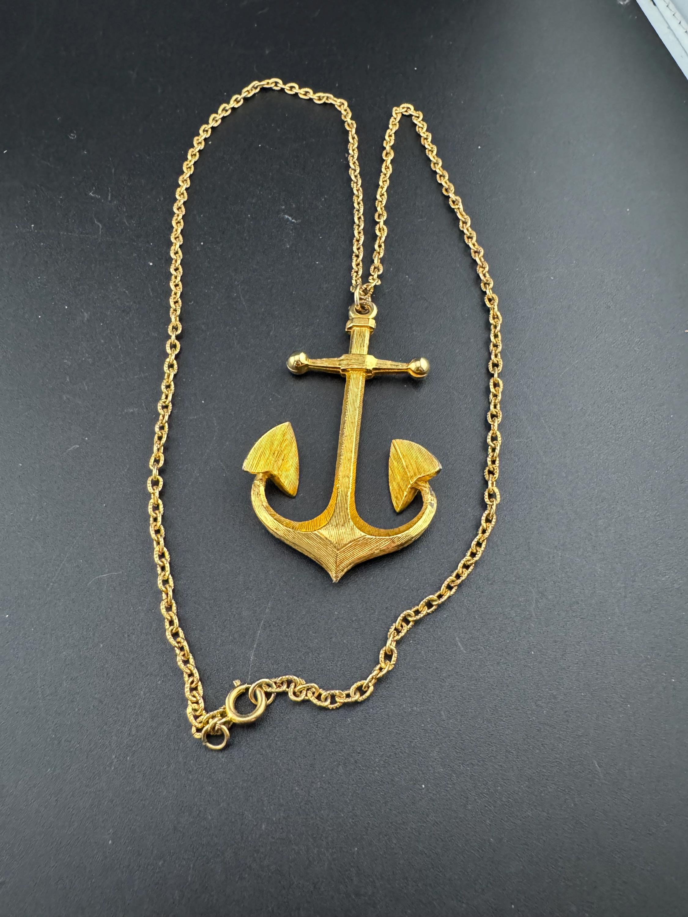 vintage signed sphinx gold tone textured nautical anchor pendant on a 62cm cable chain necklace 70s