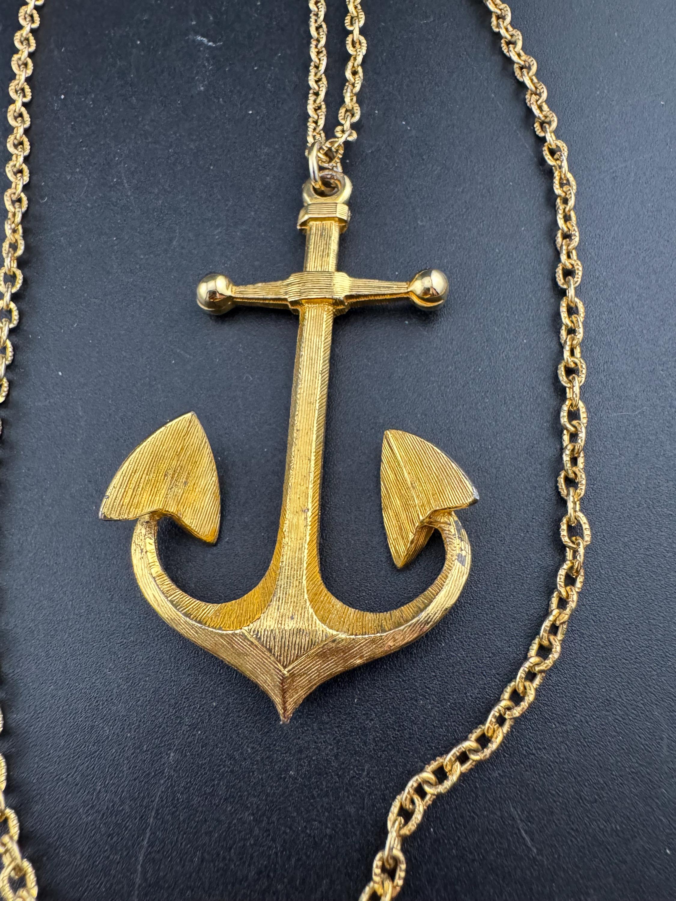 vintage signed sphinx gold tone textured nautical anchor pendant on a 62cm cable chain necklace 70s