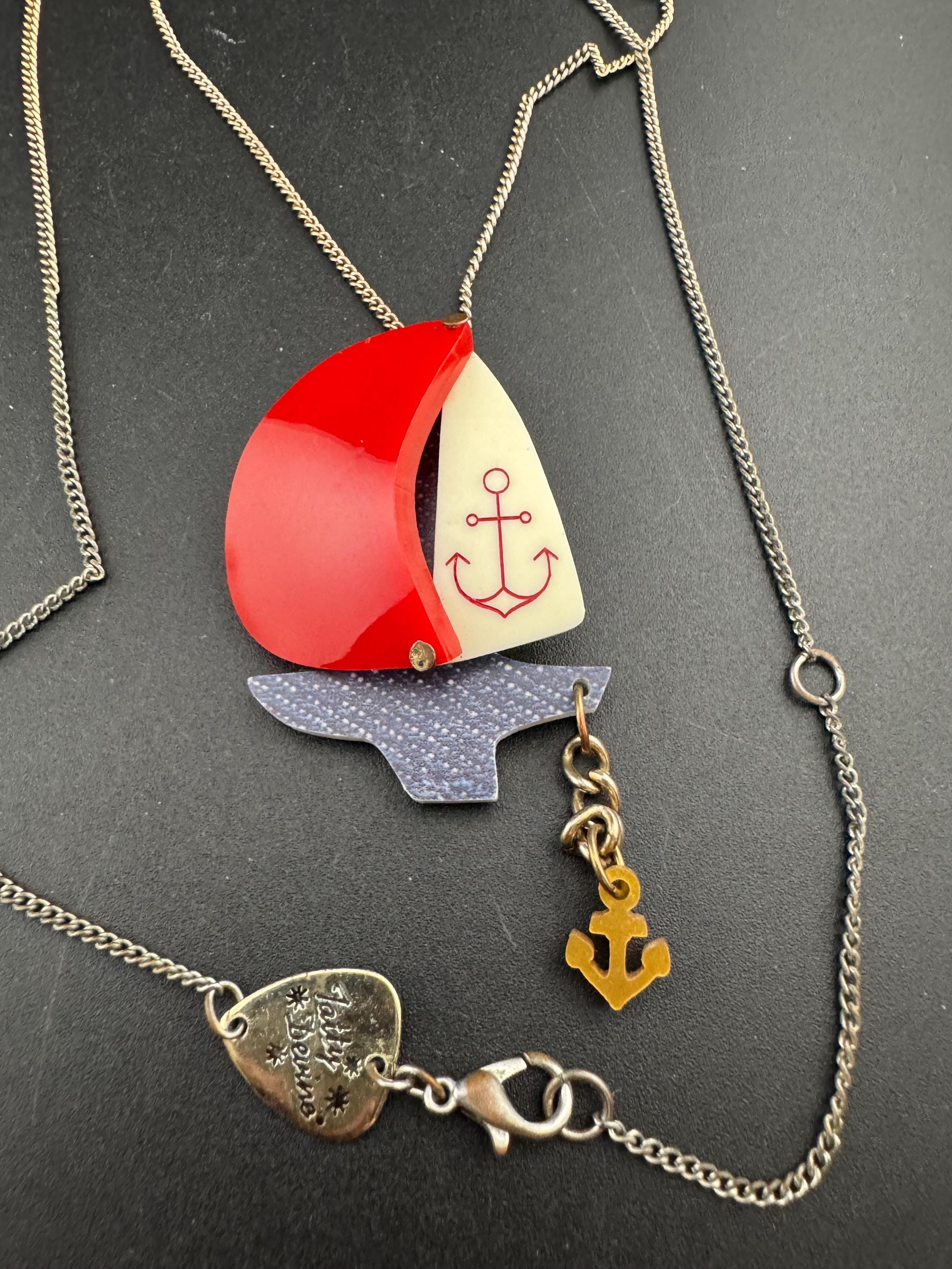 Tatty Devine red and cream acrylic nautical ship yacht pendant necklace designer