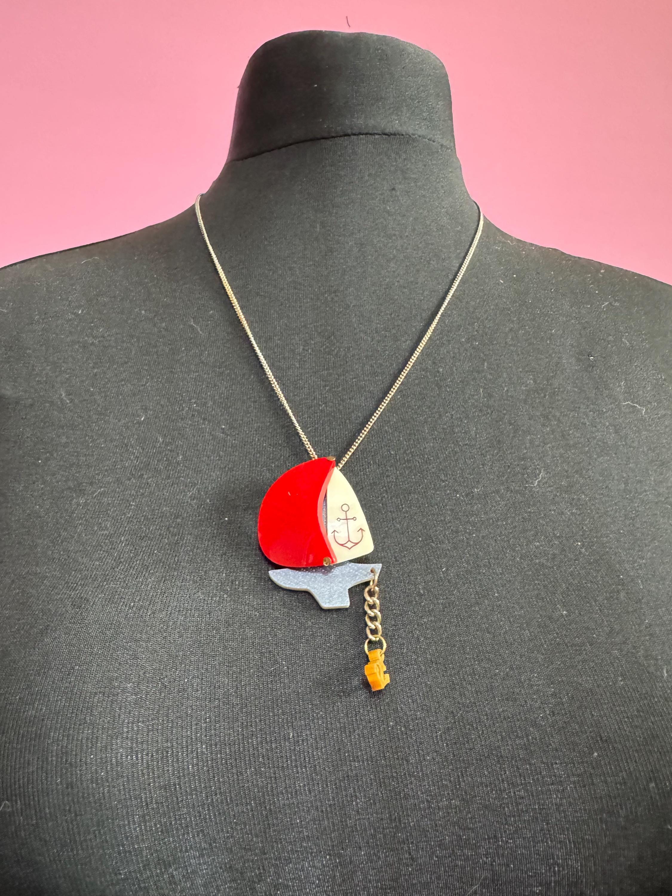Tatty Devine red and cream acrylic nautical ship yacht pendant necklace designer