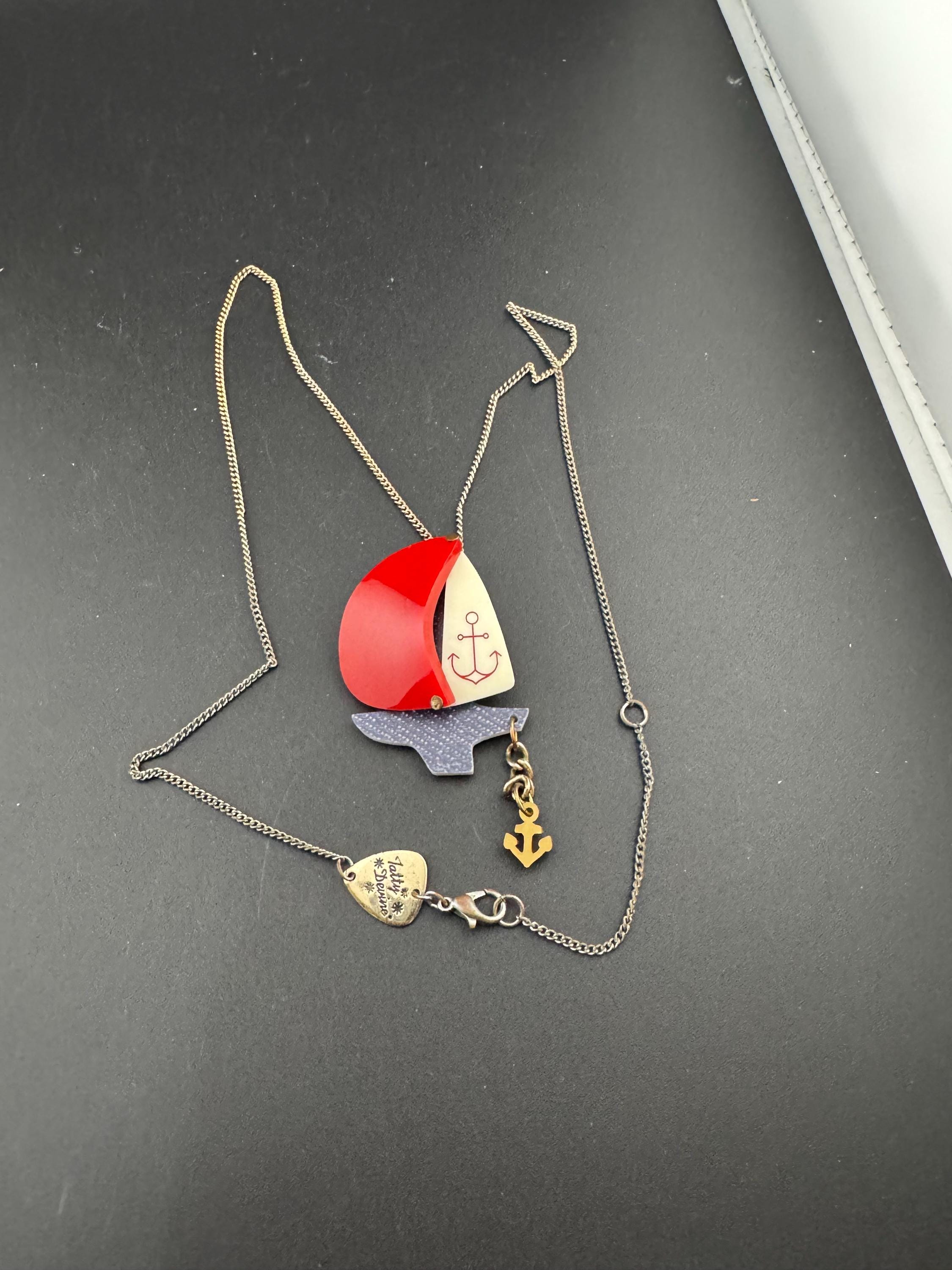 Tatty Devine red and cream acrylic nautical ship yacht pendant necklace designer