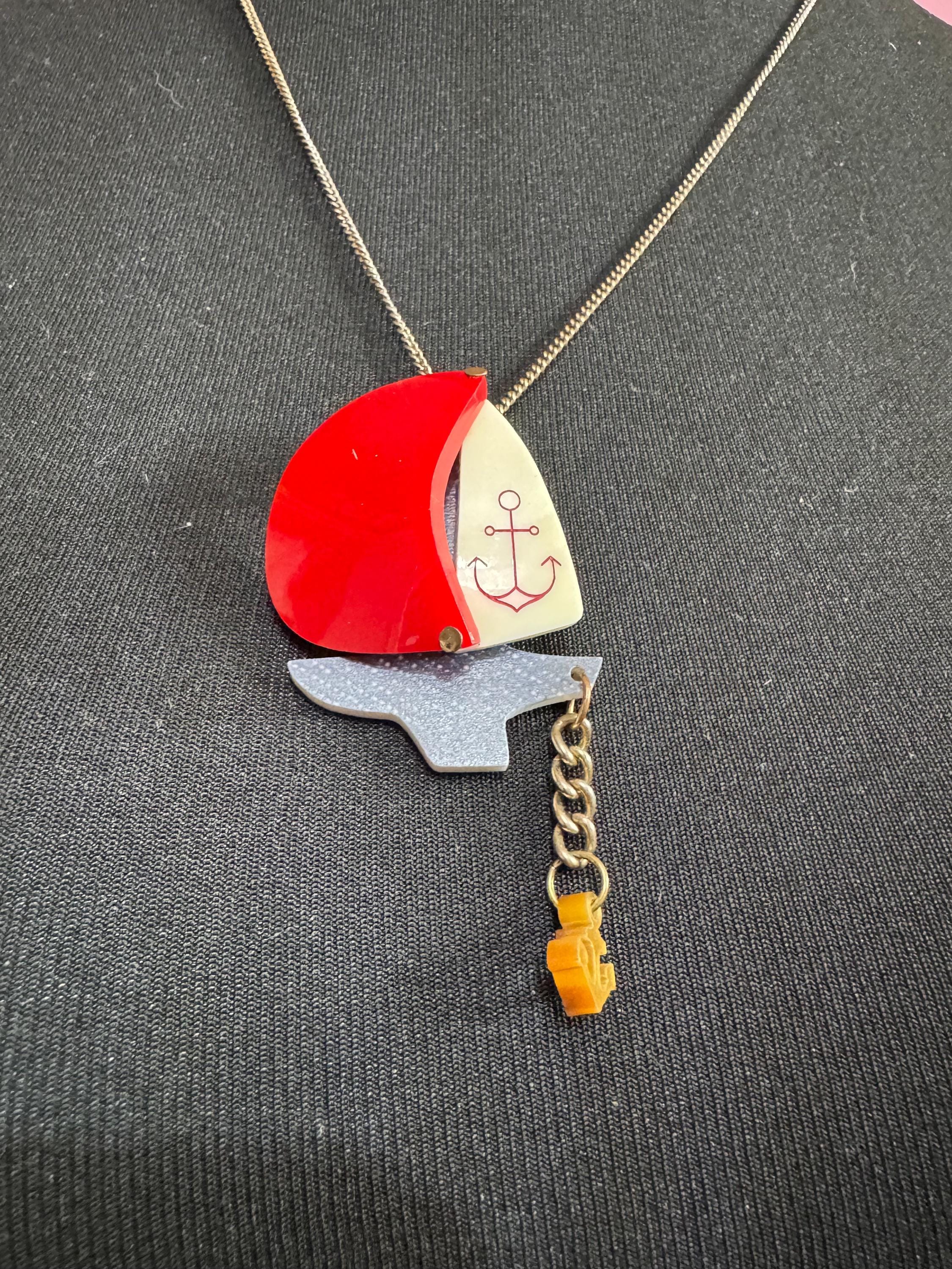 Tatty Devine red and cream acrylic nautical ship yacht pendant necklace designer