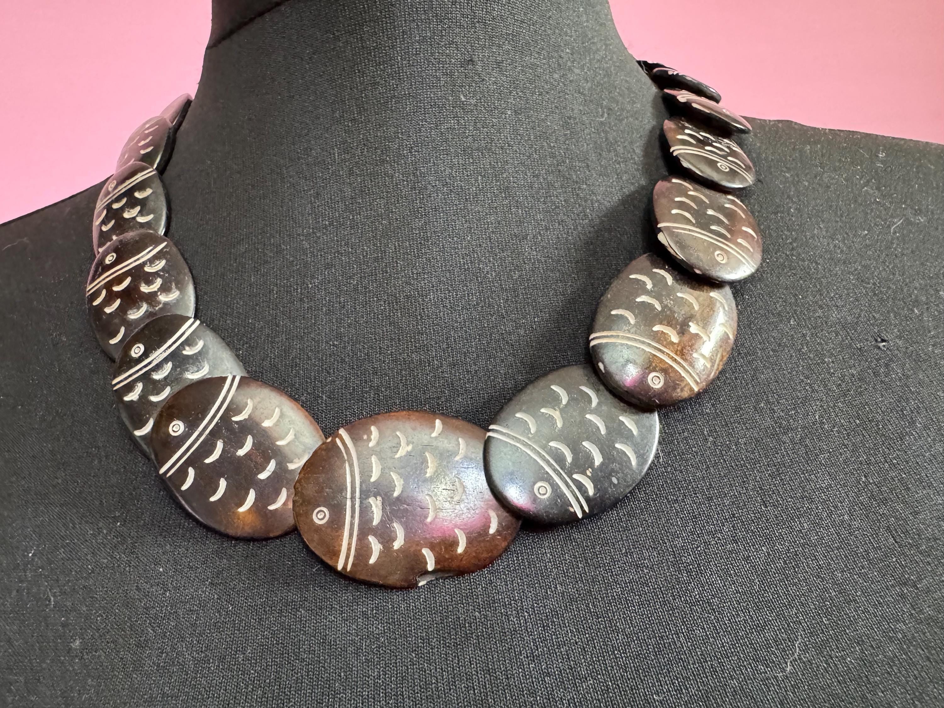 vintage brown soap stone panel link beaded fish design collar necklace 59cm