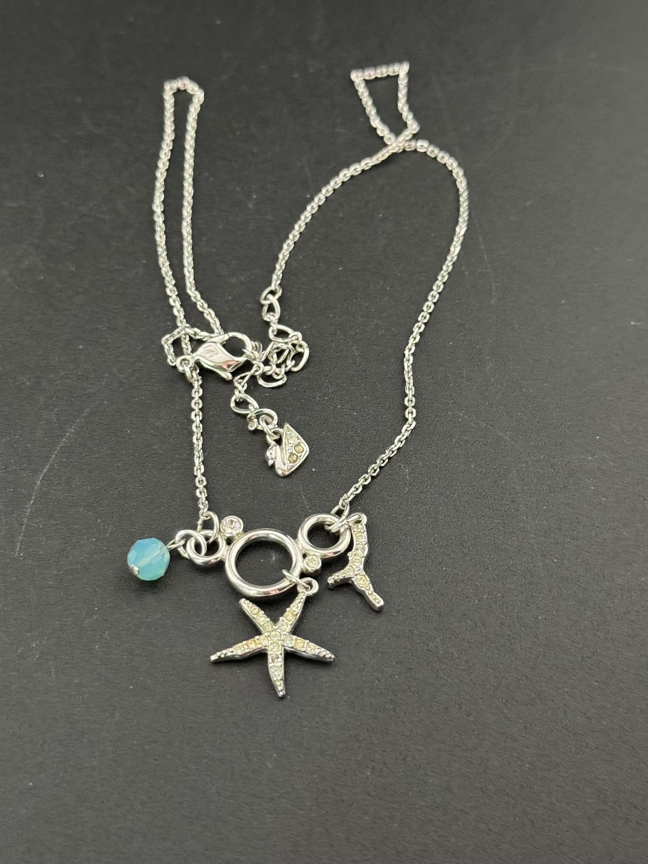 Swan Signed Swarovski Crystal diamanté starfish turquoise beaded pendant necklace one paste missing