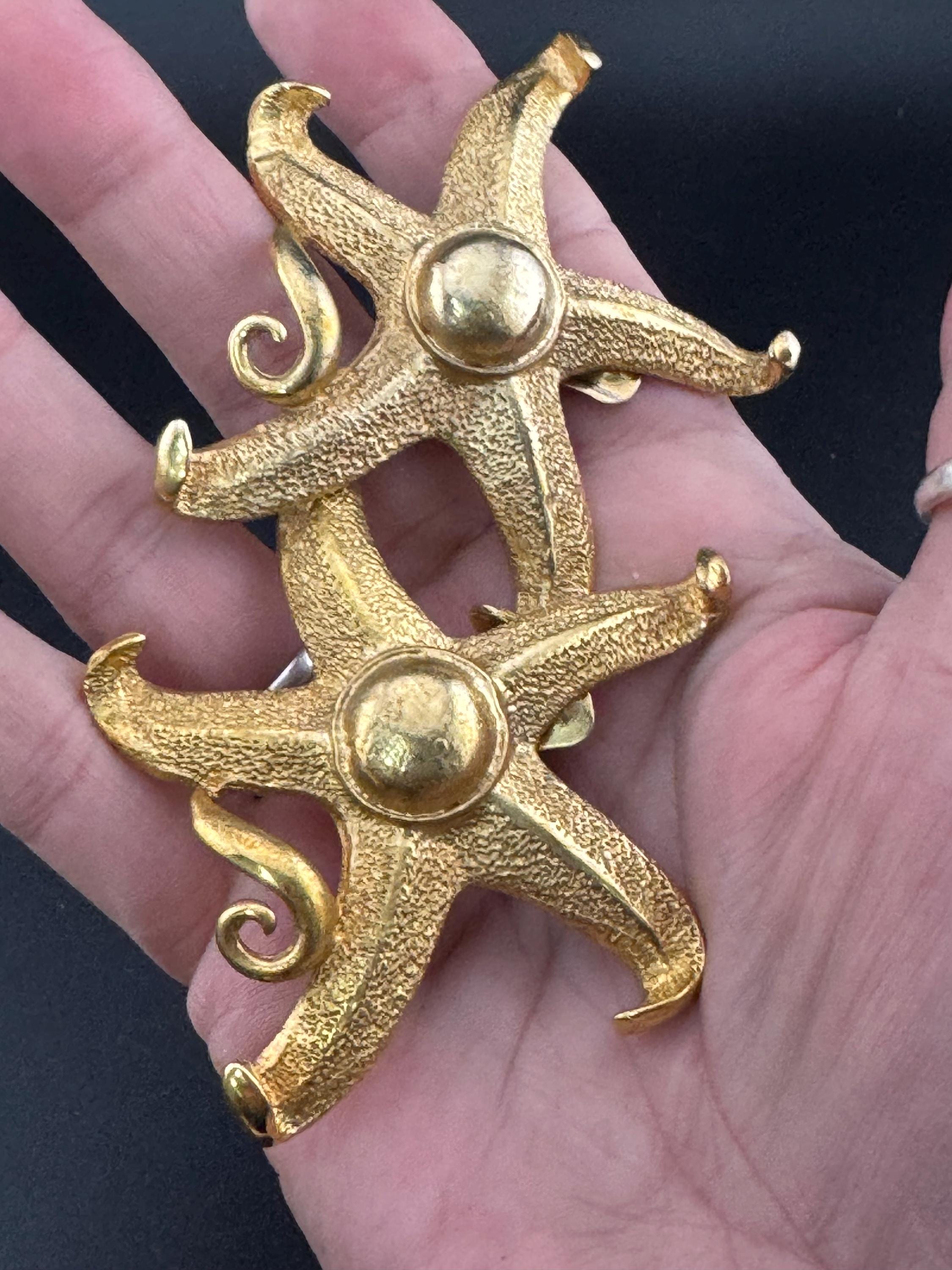 Vintage huge xl Oversized Nautical gold tone stud clip on earrings