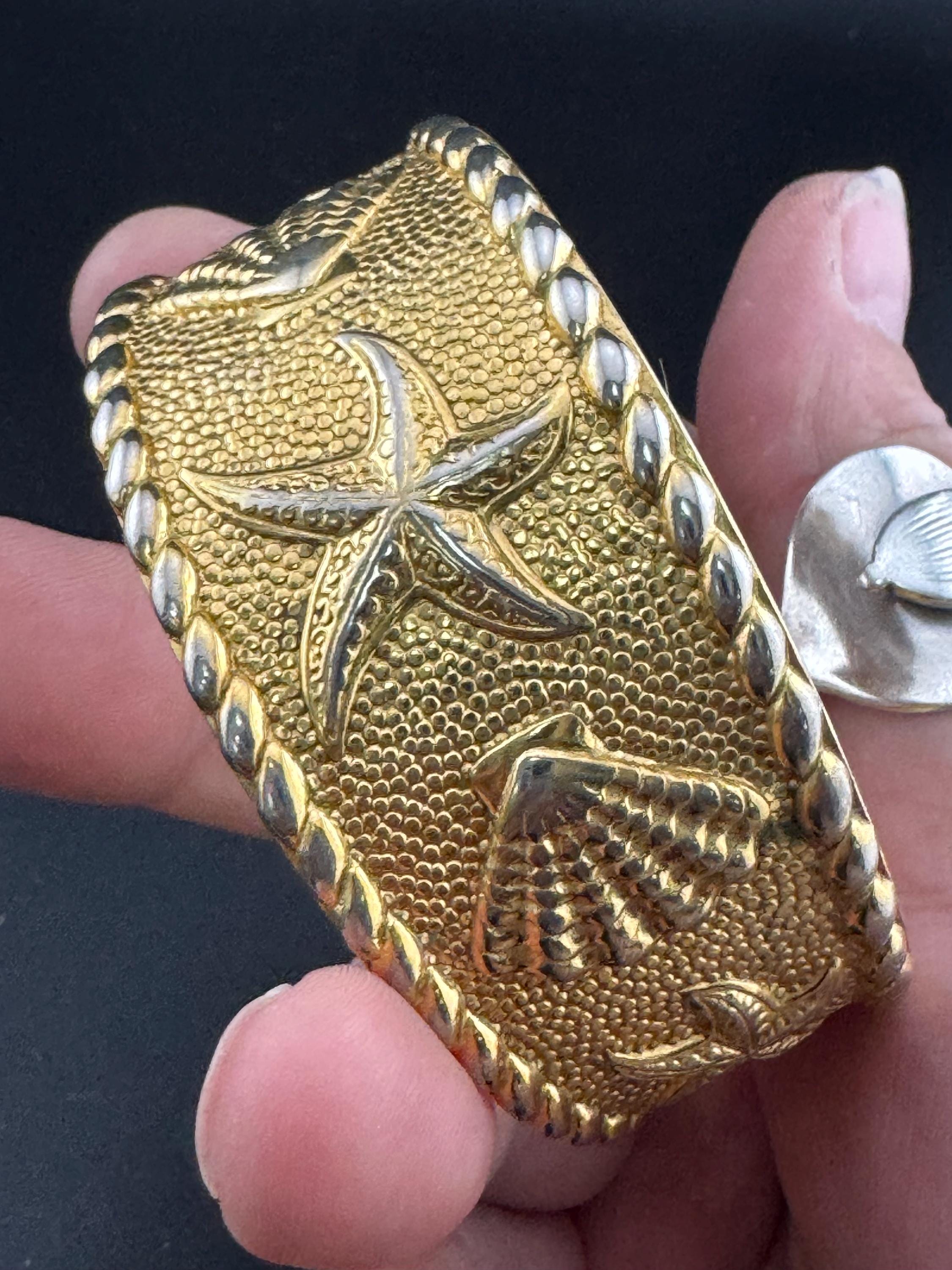 Vintage big gold tone nautical seashell starfish wide open cuff bangle,