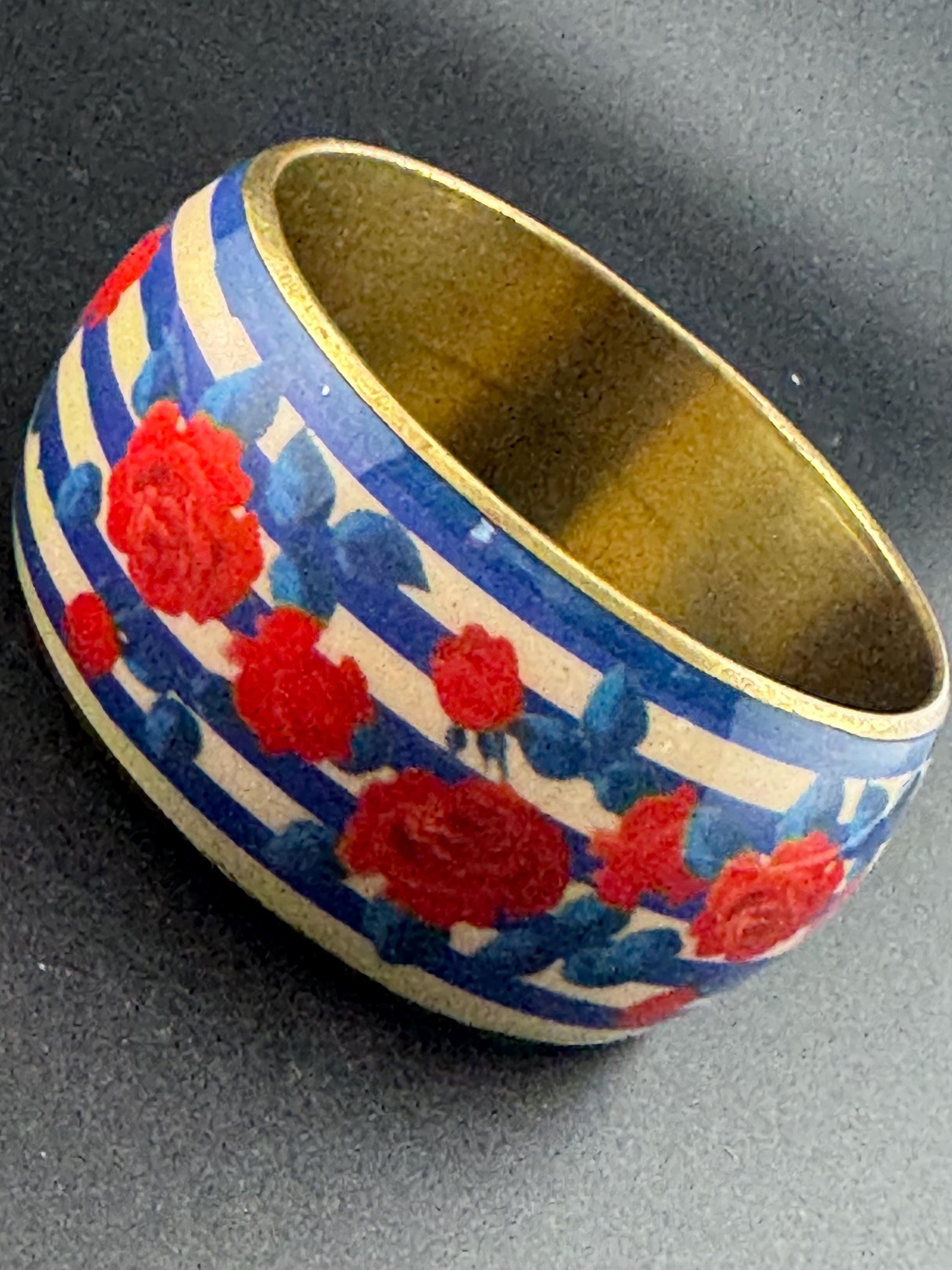 Retro red floral roses blue striped  brass metal wide acrylic plastic wide summer bangle
