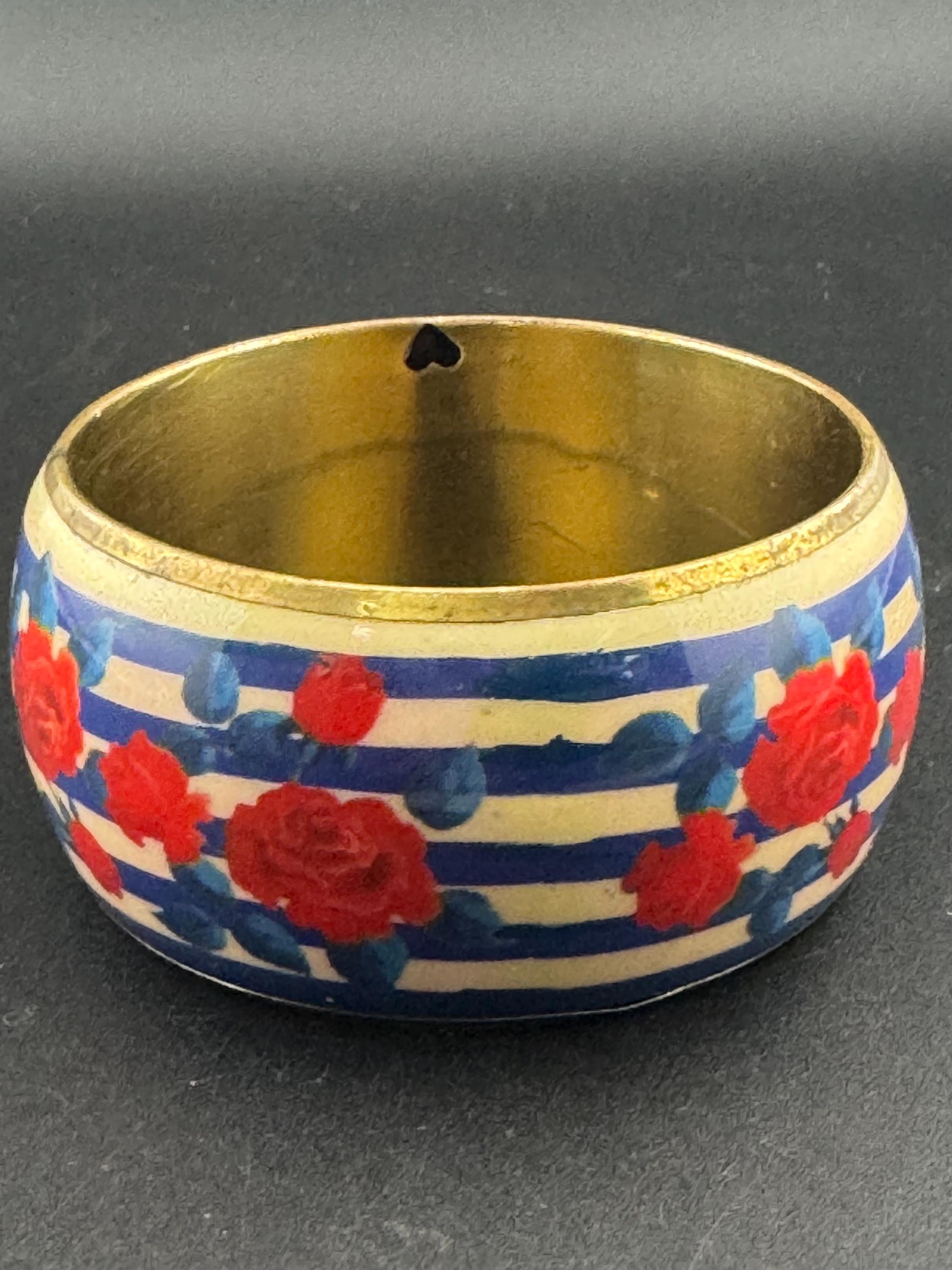 Retro red floral roses blue striped  brass metal wide acrylic plastic wide summer bangle