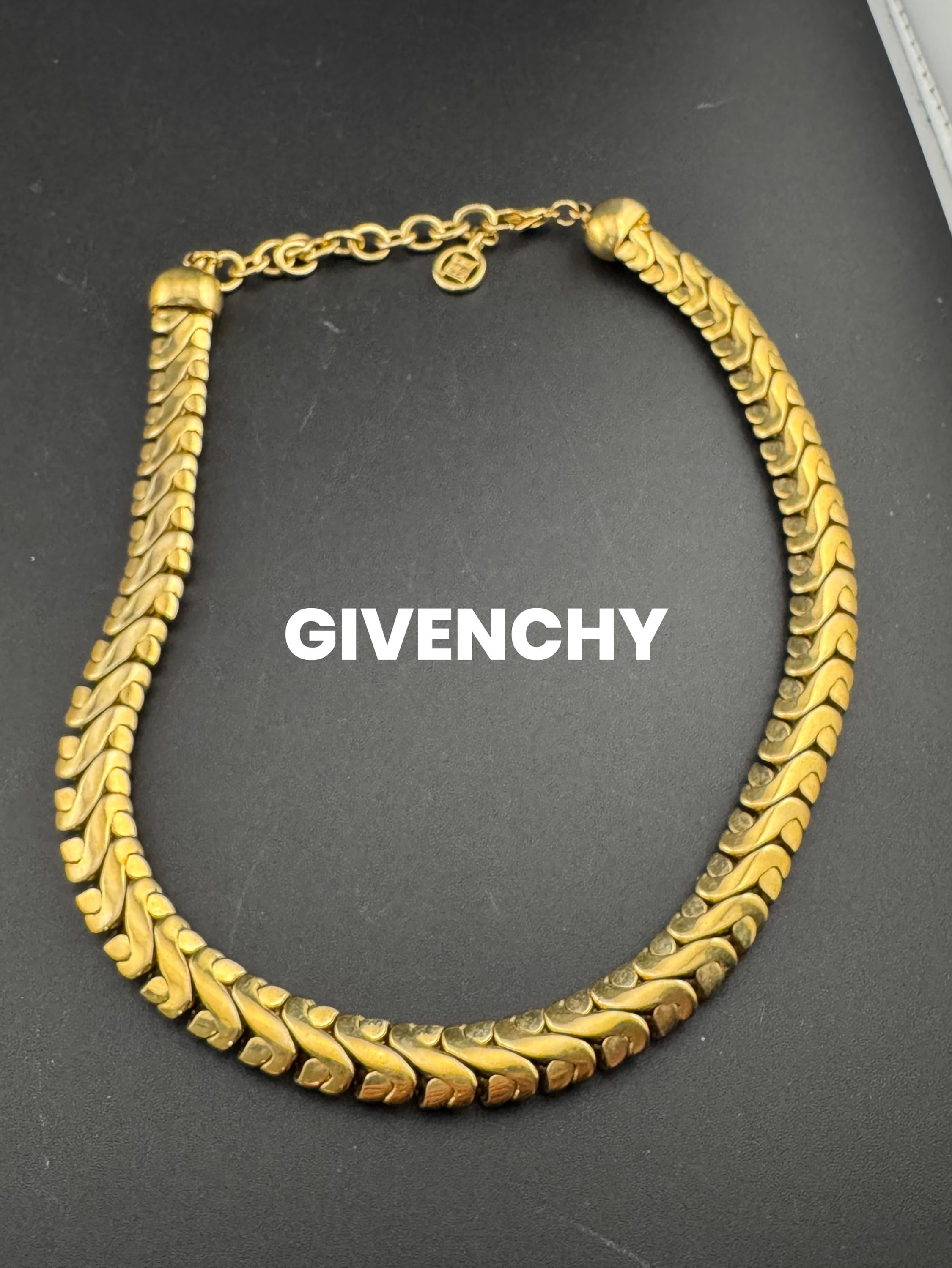 Vintage Givenchy chunky flat link weighty gold plated wide chain necklace signed tag designer choker