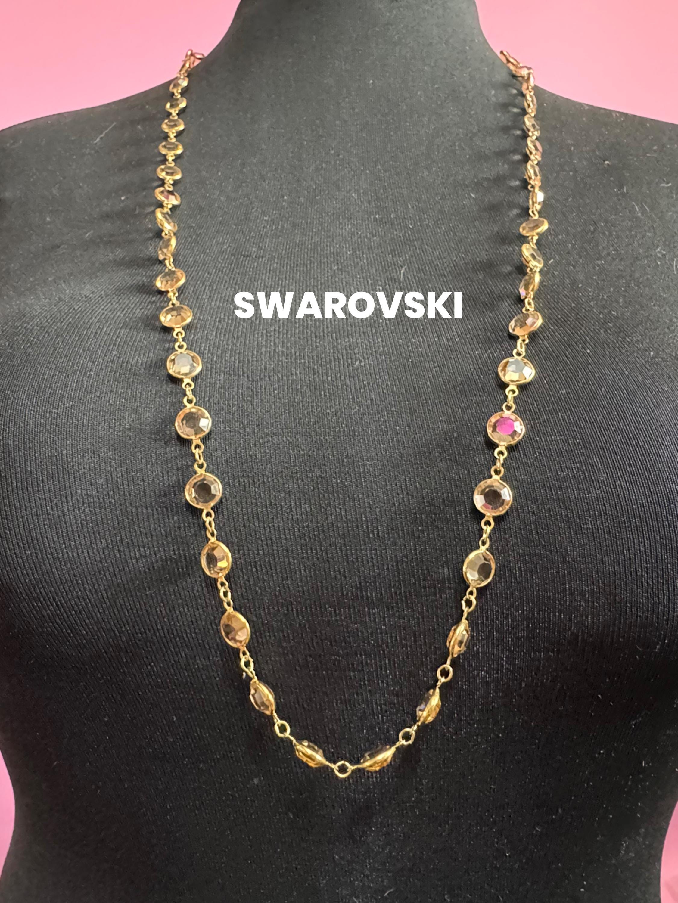 Signed Swarovski crystal Vintage 90cm gold tone soft brown topaz taupe coloured rivière glass bezel chain link station necklace