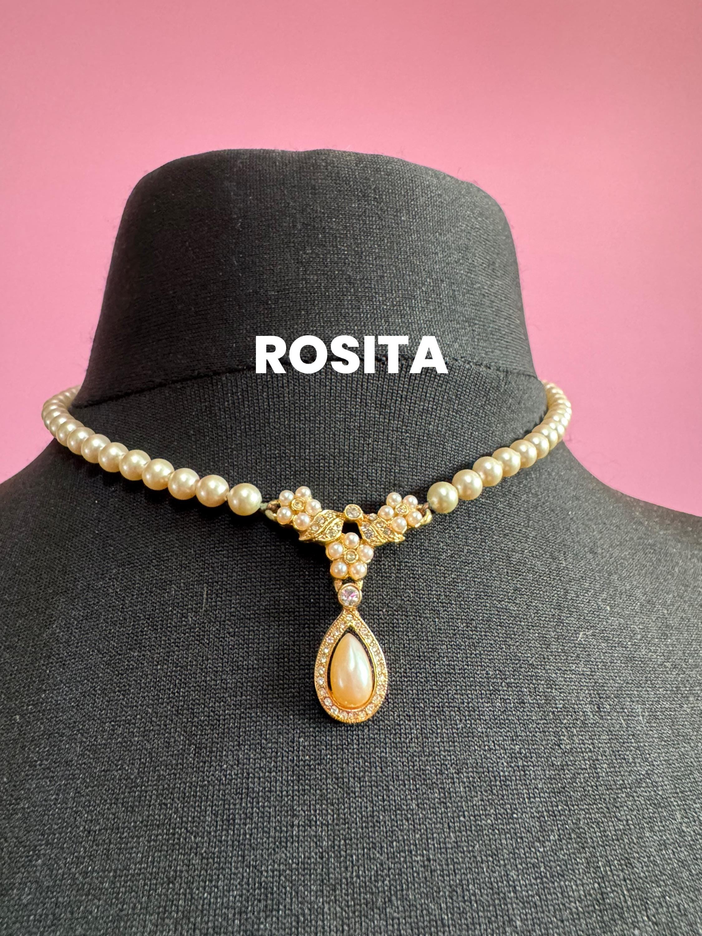Signed Rosita cream glass pearl necklace with teardrop pendant, single strand row of pearls gold tone