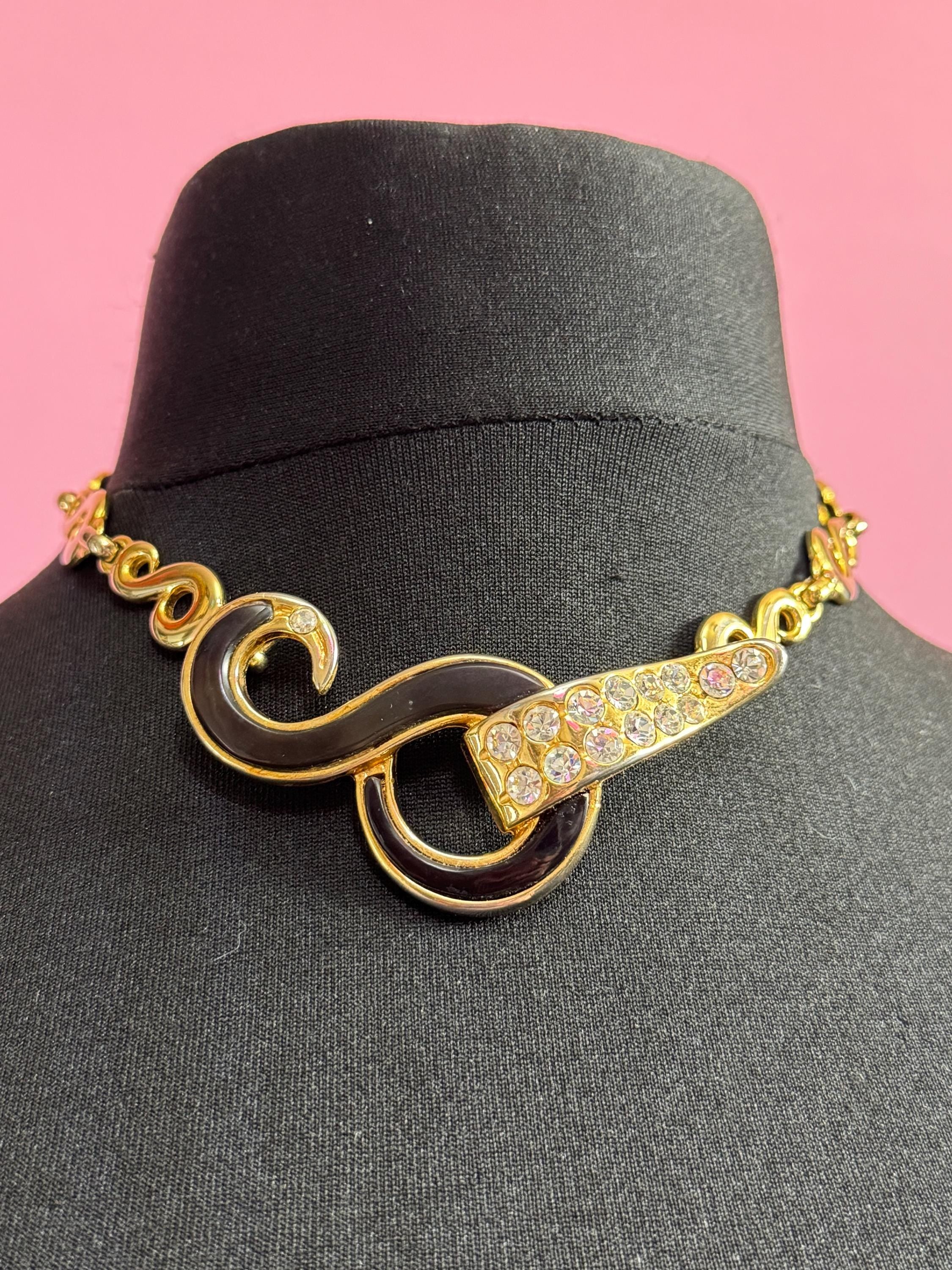 Signed Rita Fracione Italian designer black enamel diamanté Choker necklace gold tone