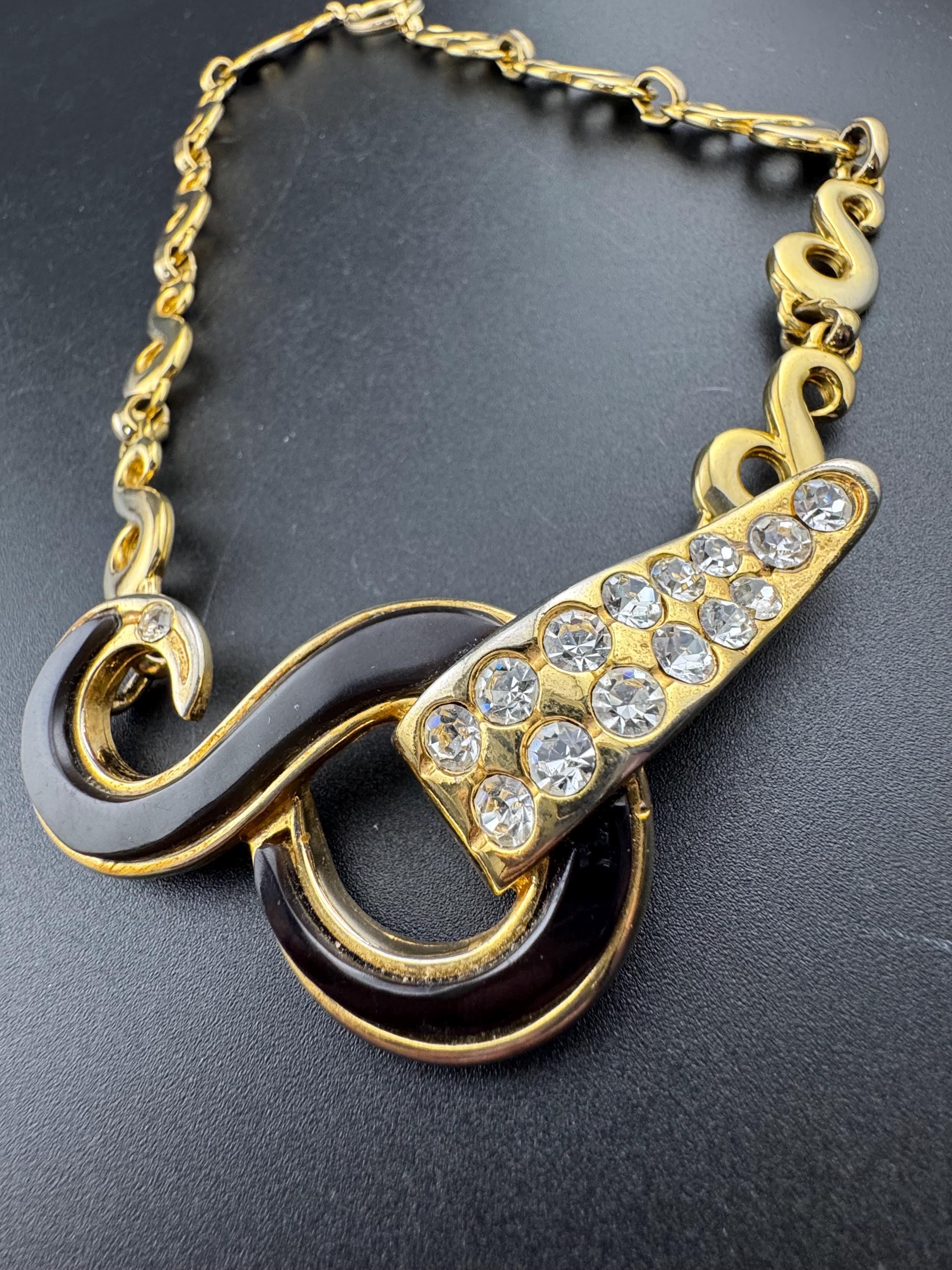 Signed Rita Fracione Italian designer black enamel diamanté Choker necklace gold tone