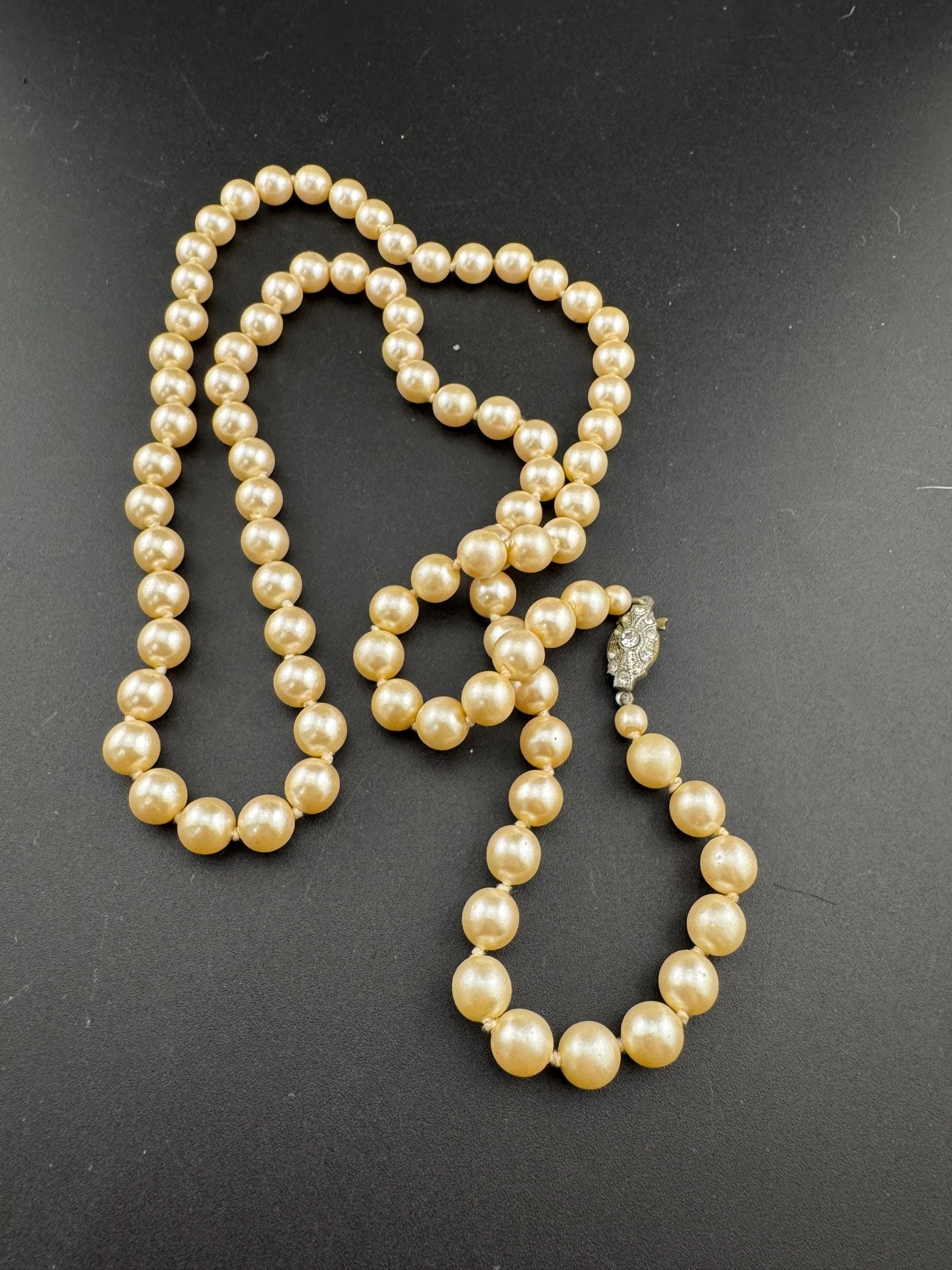 Vintage Long Faux Pearl Necklace: Cream Glass Knots, Diamante Clasp