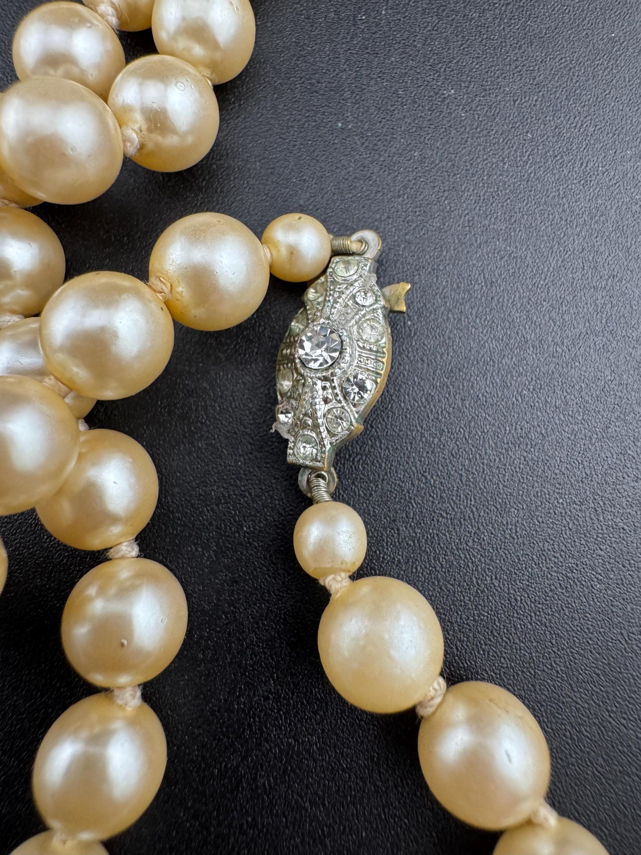 Vintage Long Faux Pearl Necklace: Cream Glass Knots, Diamante Clasp