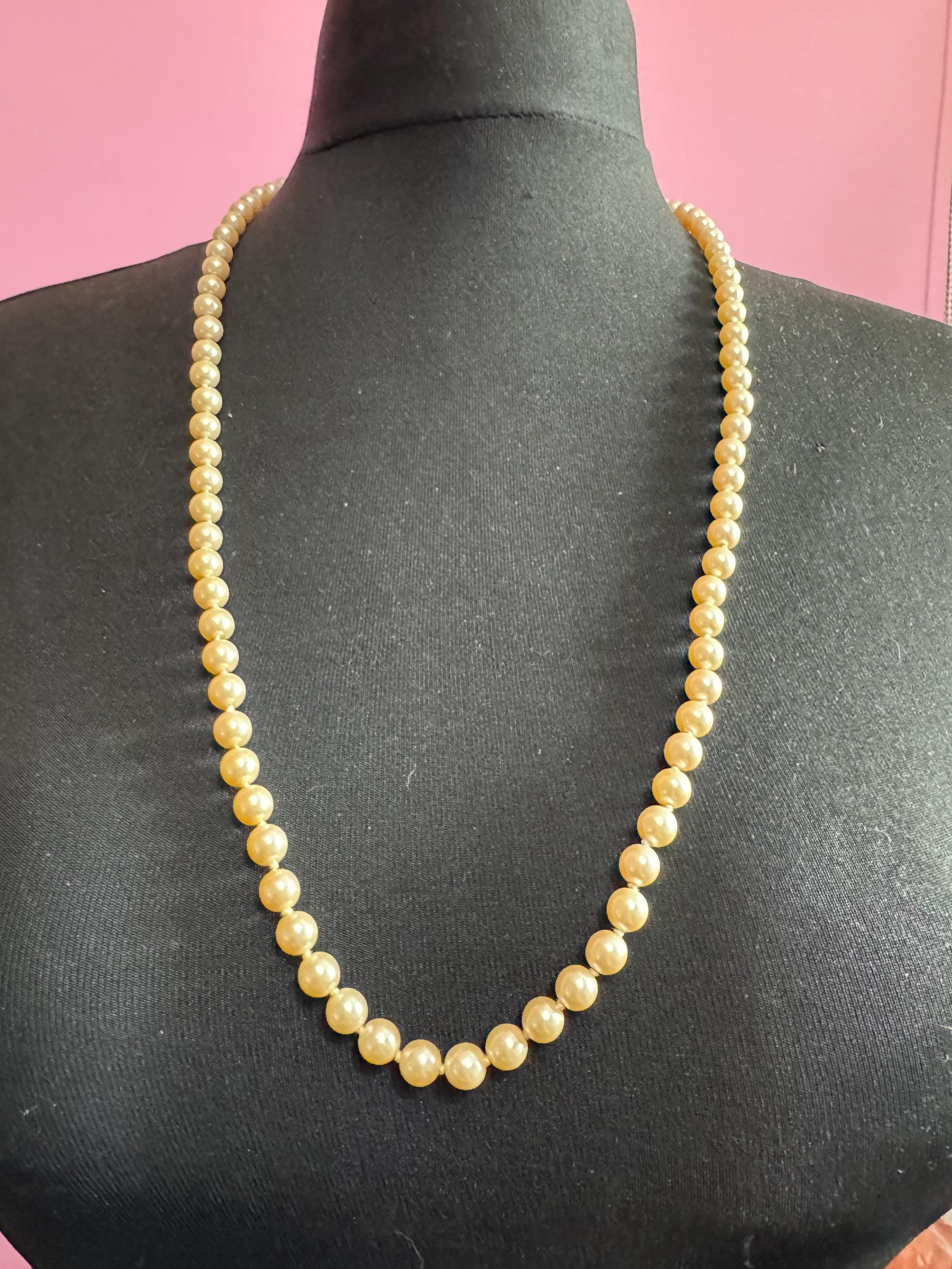 Vintage Long Faux Pearl Necklace: Cream Glass Knots, Diamante Clasp