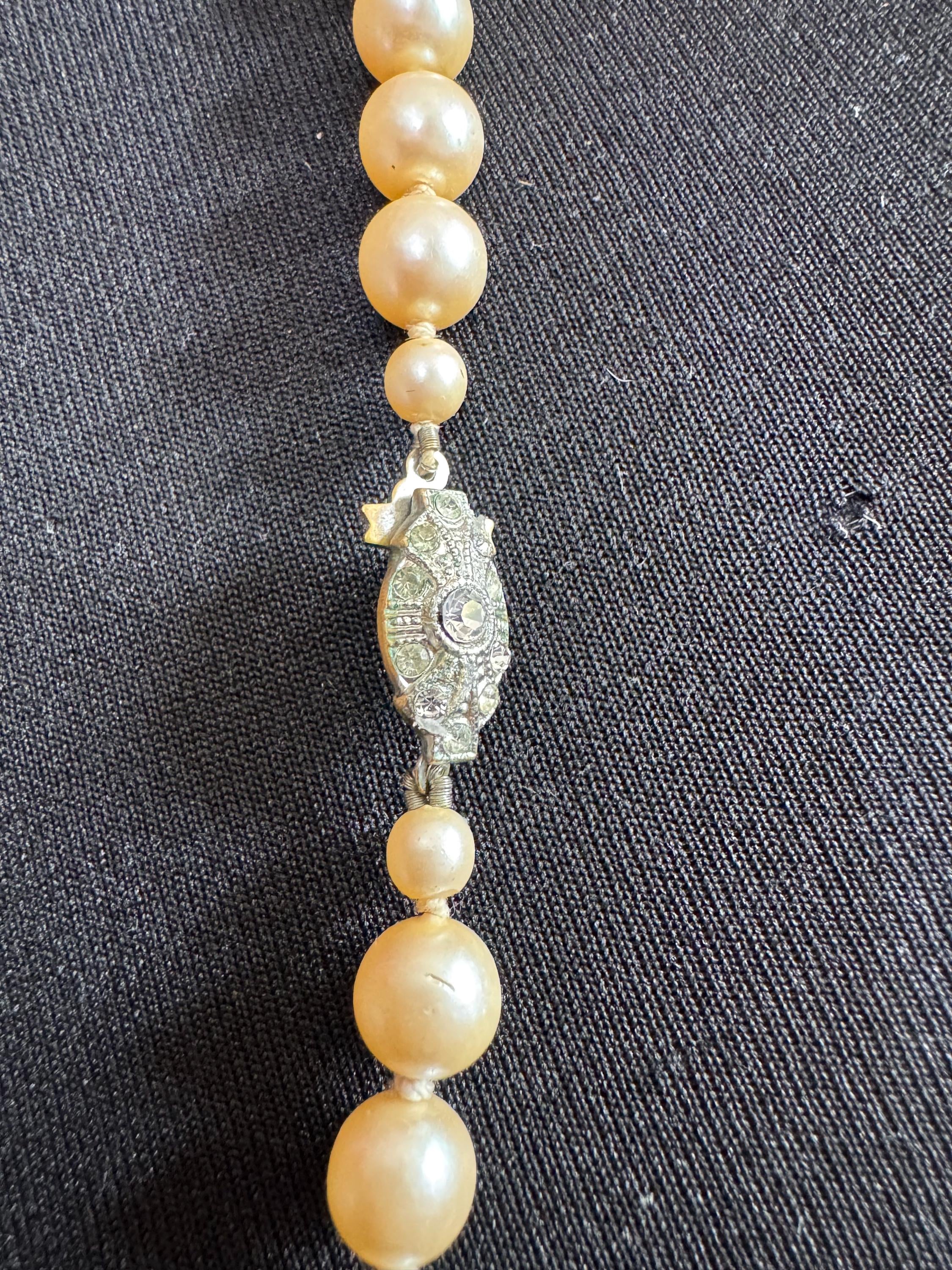 Vintage Long Faux Pearl Necklace: Cream Glass Knots, Diamante Clasp