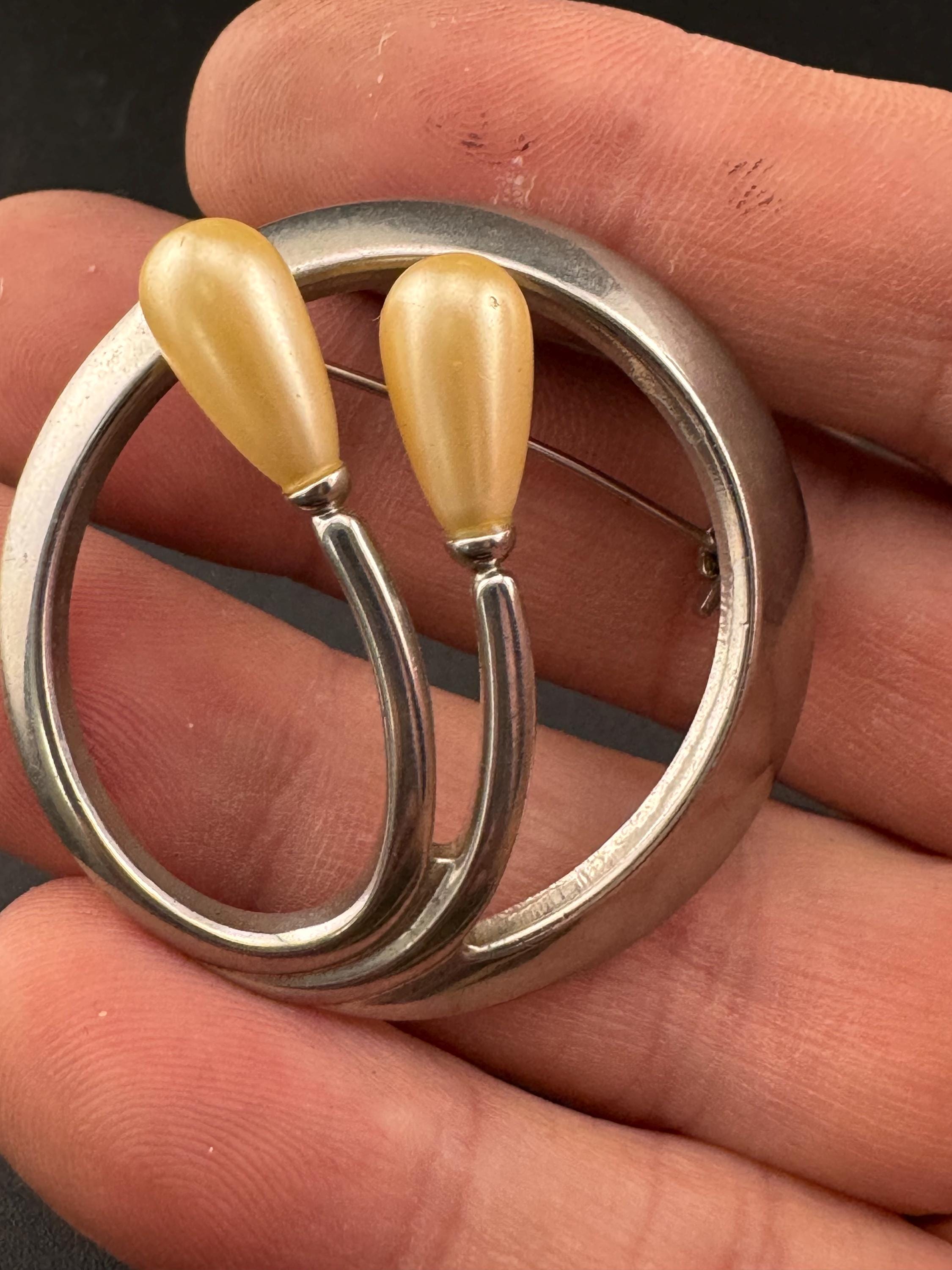 Vintage Simple Clean Modernist silver tone abstract floral bud Brooch with pearl cabochons  Mid Century Modern 1960s 1970s Minimalist