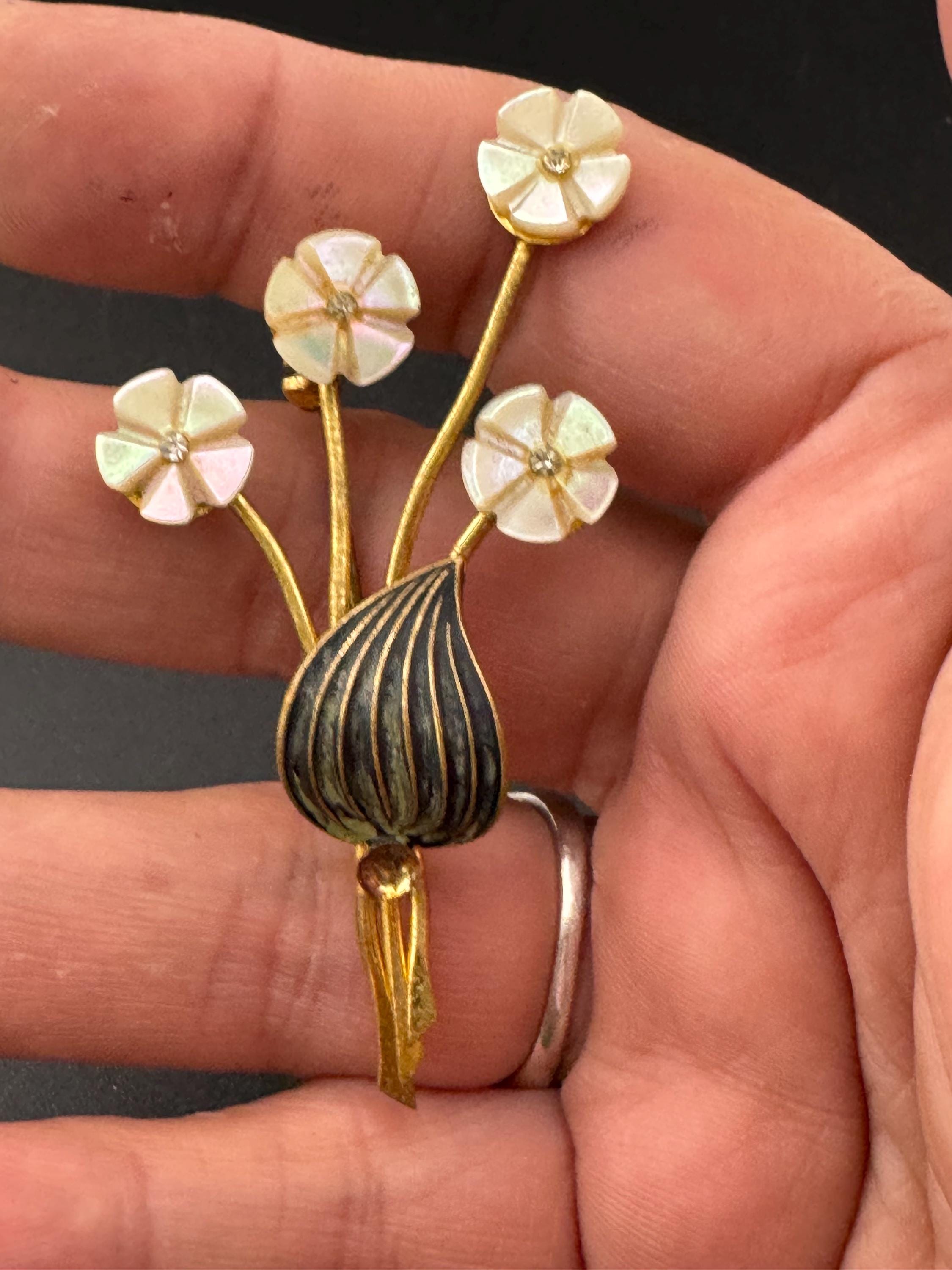 Vintage Mother of Pearl Rose Brooch: 1940s Carved Floral Gold Tone