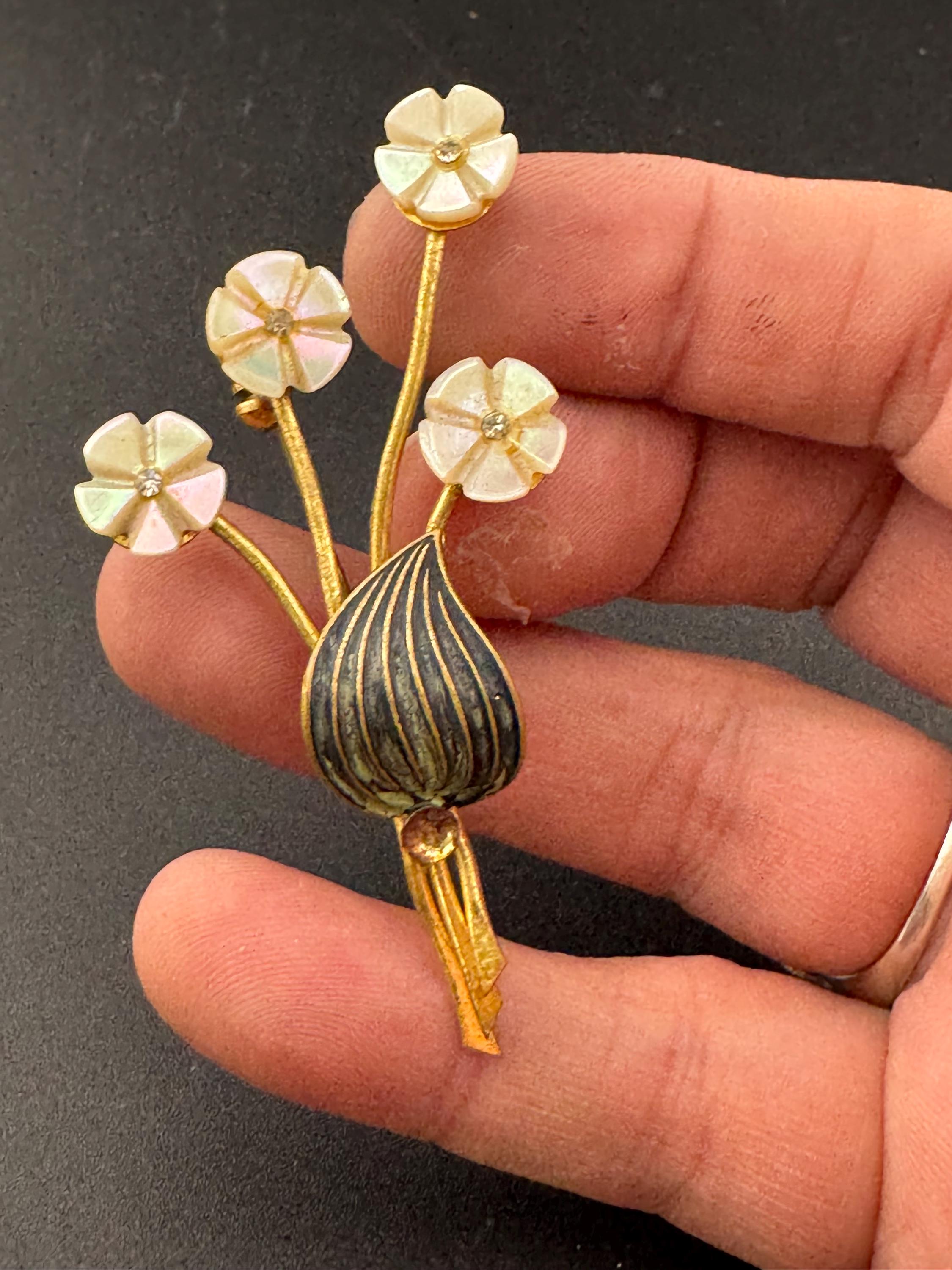 Vintage Mother of Pearl Rose Brooch: 1940s Carved Floral Gold Tone