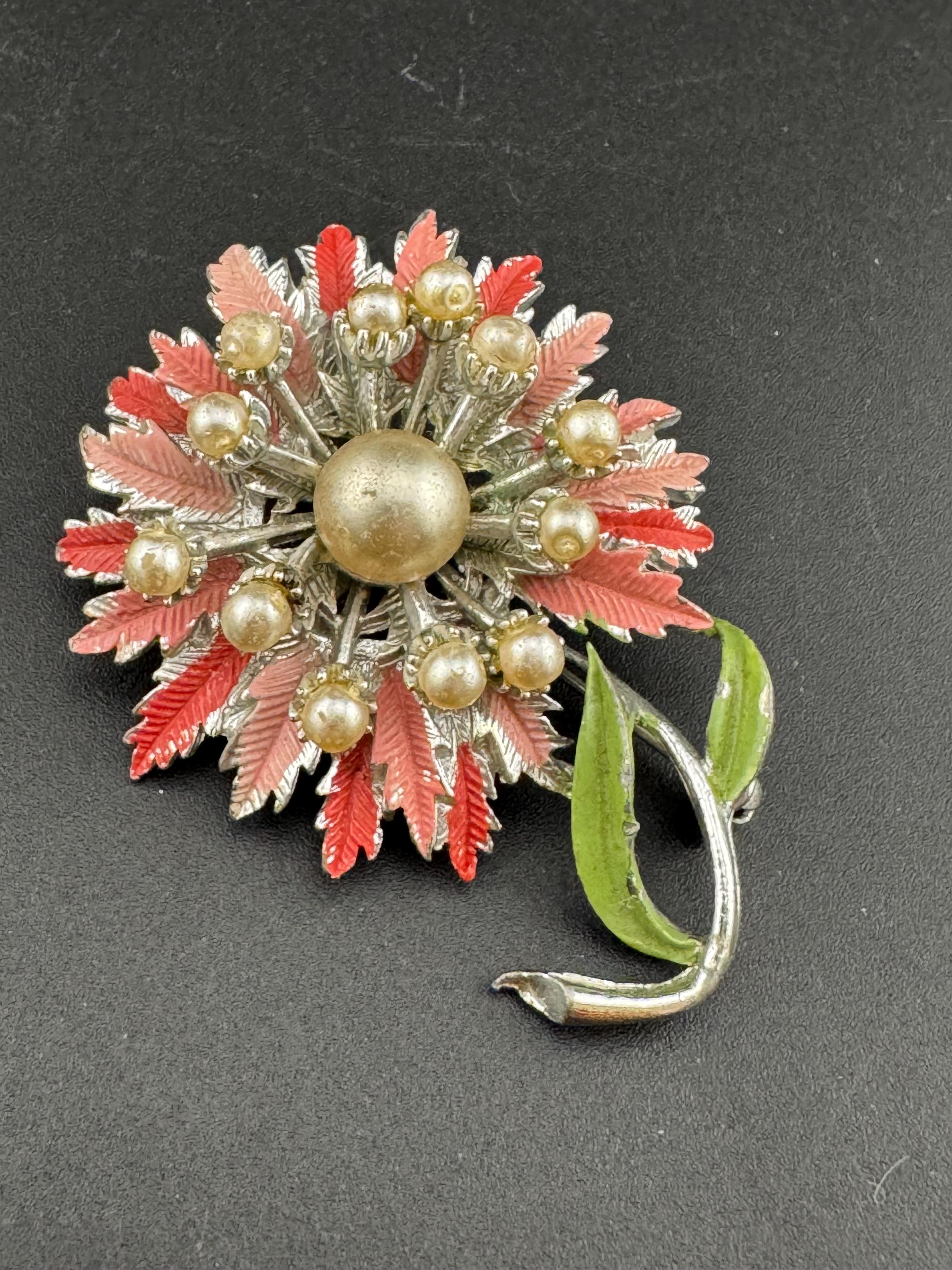 Vintage Pink Enamel Flower Brooch: Mid Century Silver Tone Faux Pearl