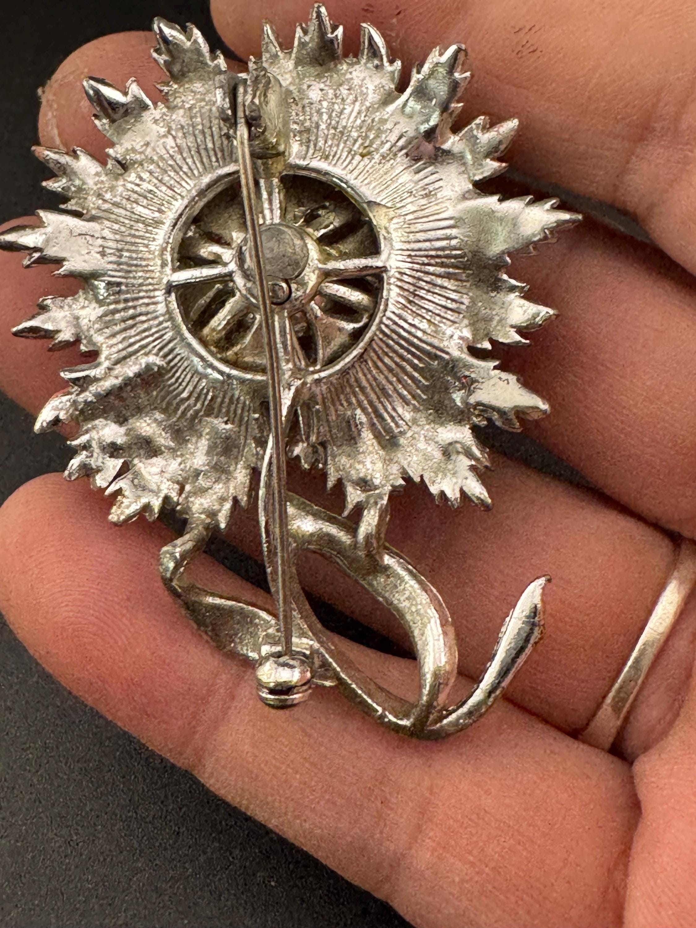 Vintage Pink Enamel Flower Brooch: Mid Century Silver Tone Faux Pearl