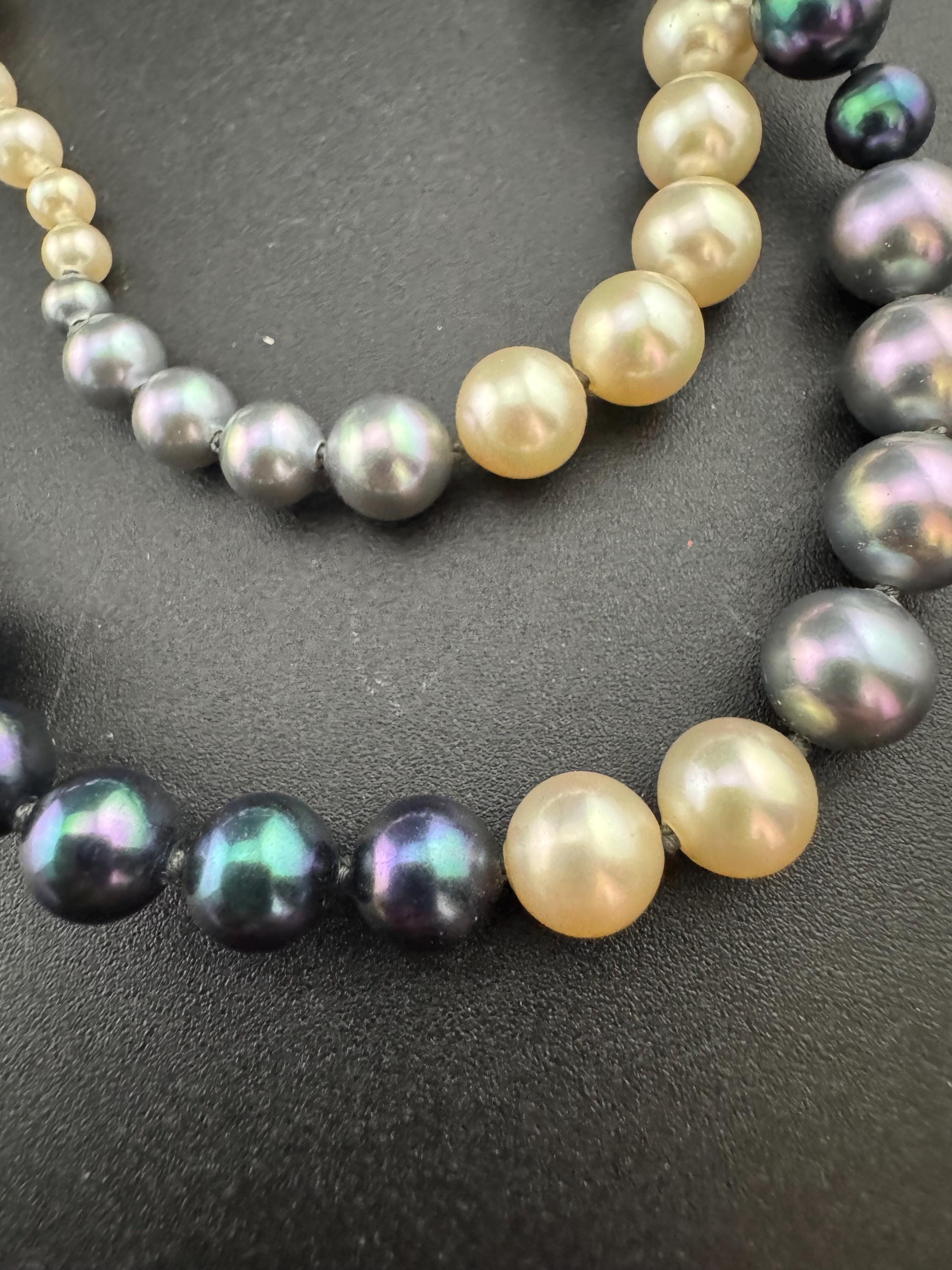925 silver gilt clasp Modernist cream grey glass pearl double row necklace