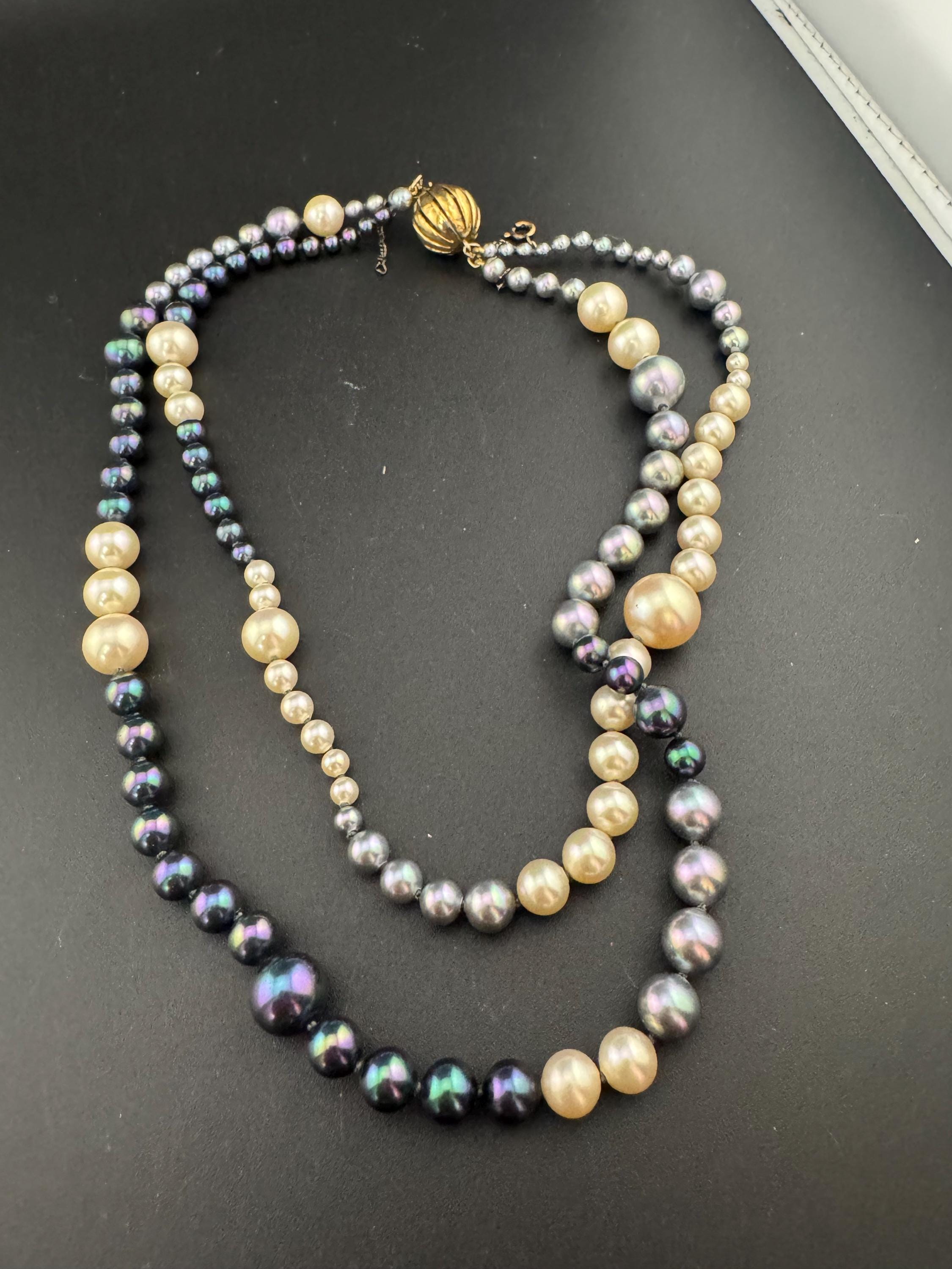 925 silver gilt clasp Modernist cream grey glass pearl double row necklace