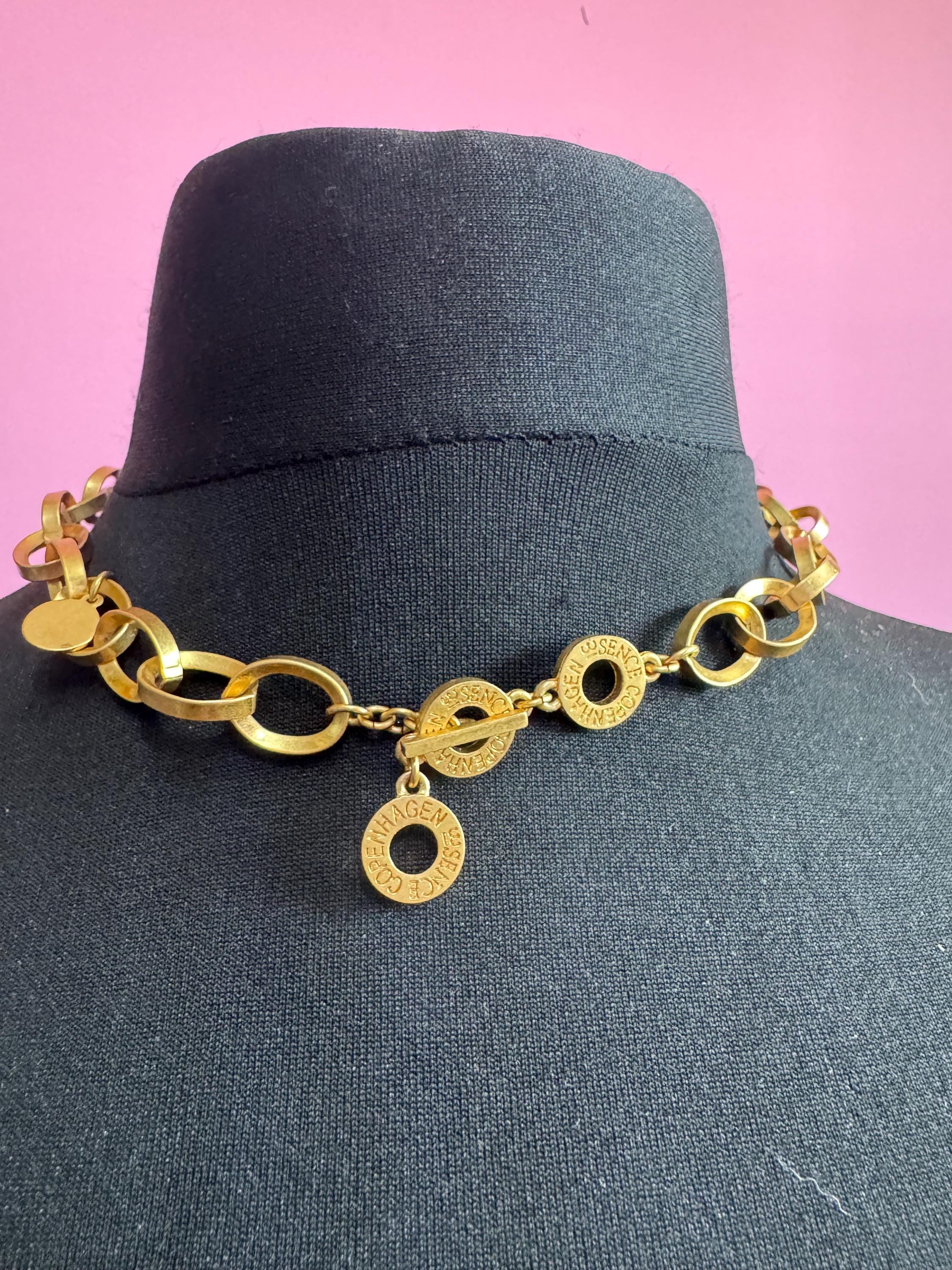 Signed SENSE Copenhagen Matt gold tone Etruscan style cable link choker chain necklace adj
