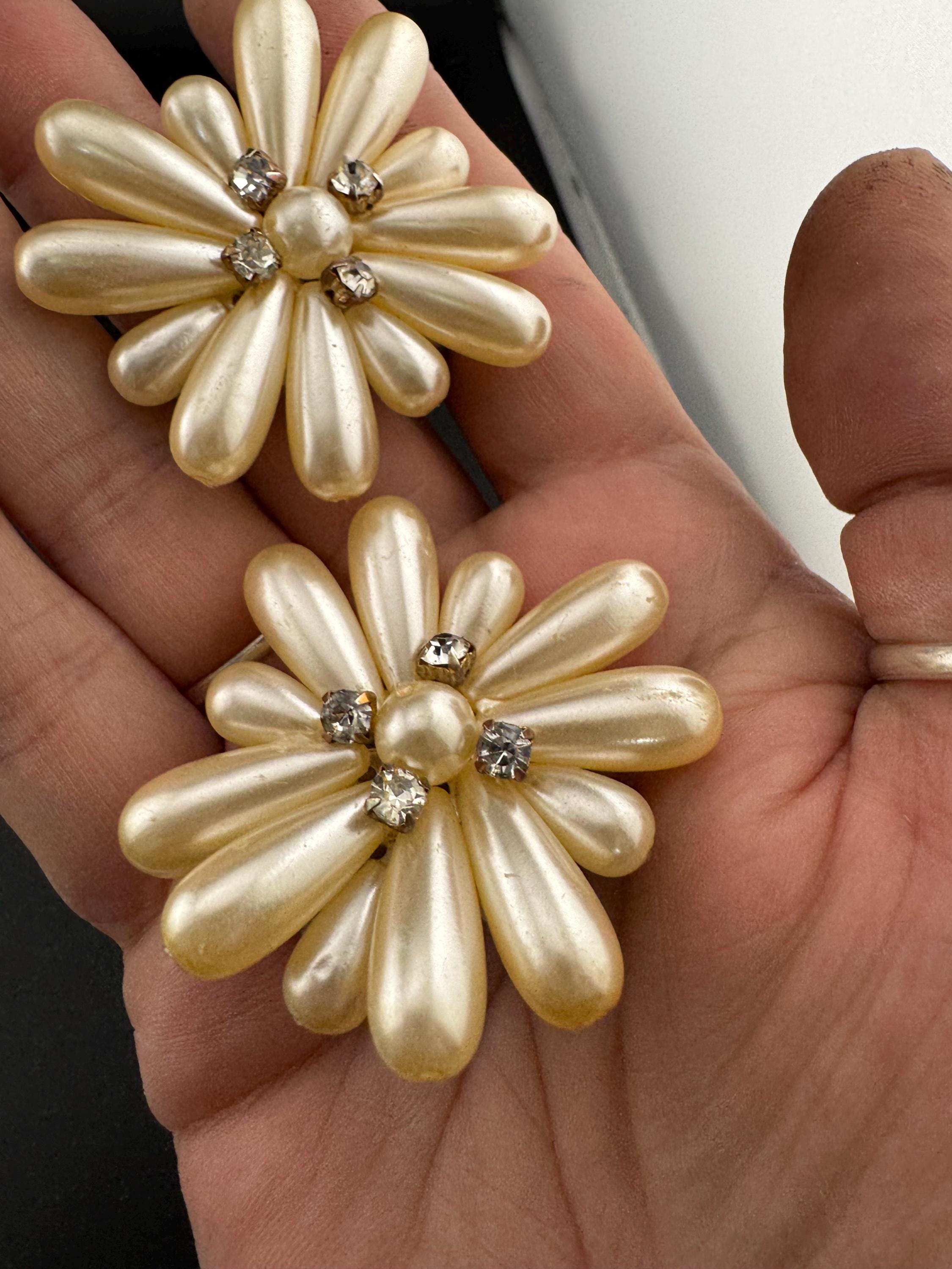 Oversized floral faux pearl cluster earrings with diamanté 5cm plastic