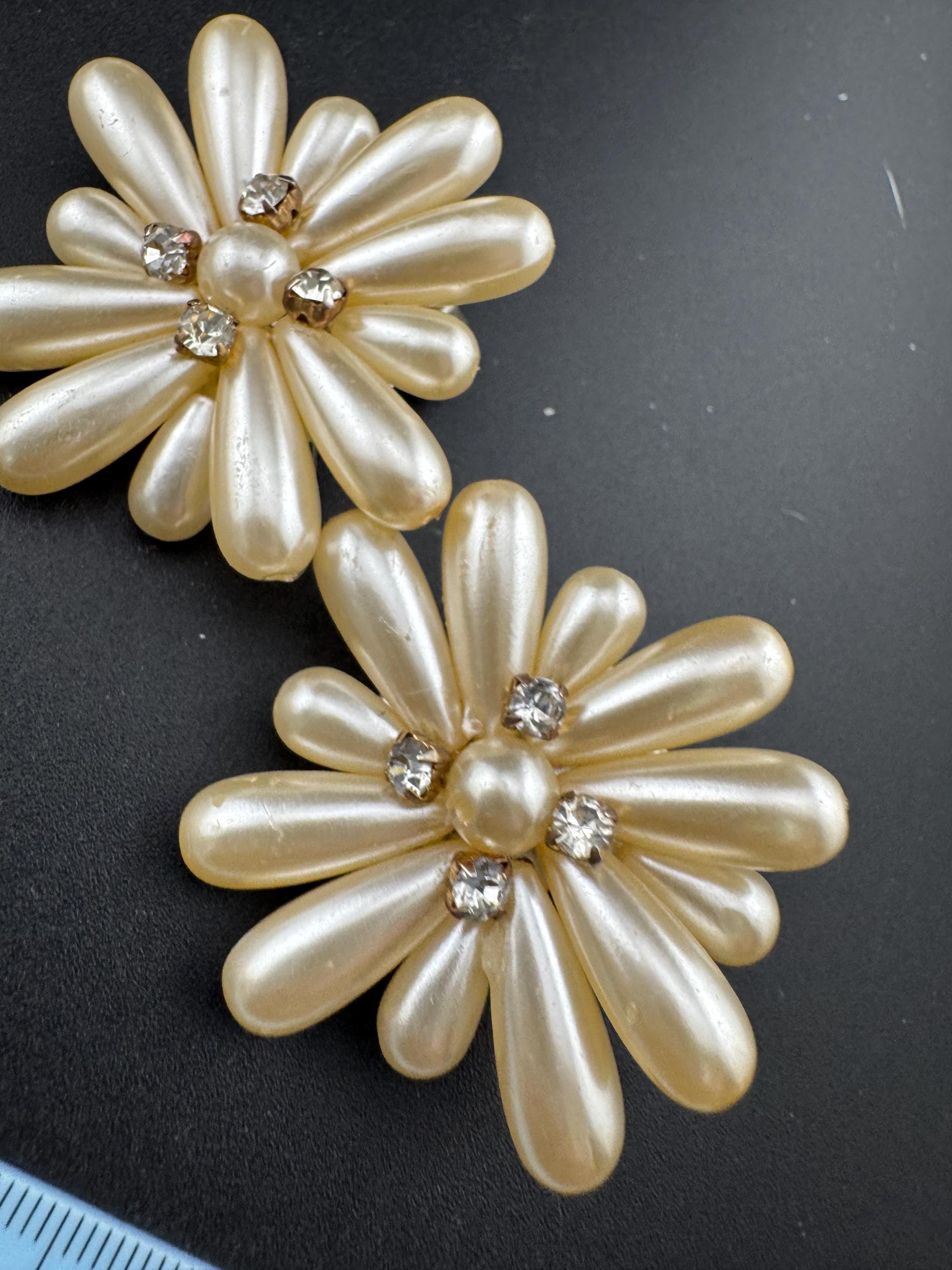 Oversized floral faux pearl cluster earrings with diamanté 5cm plastic