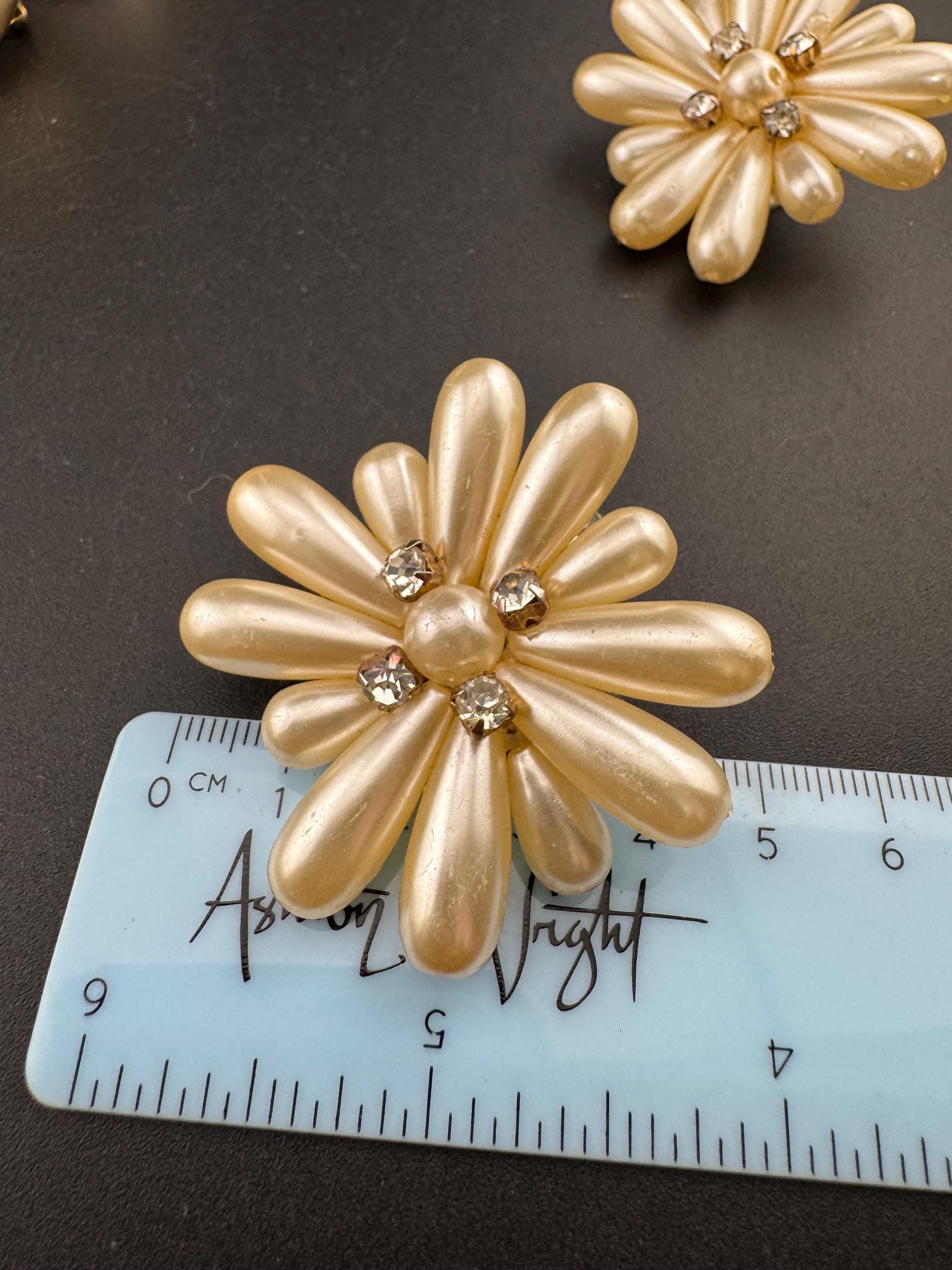 Oversized floral faux pearl cluster earrings with diamanté 5cm plastic
