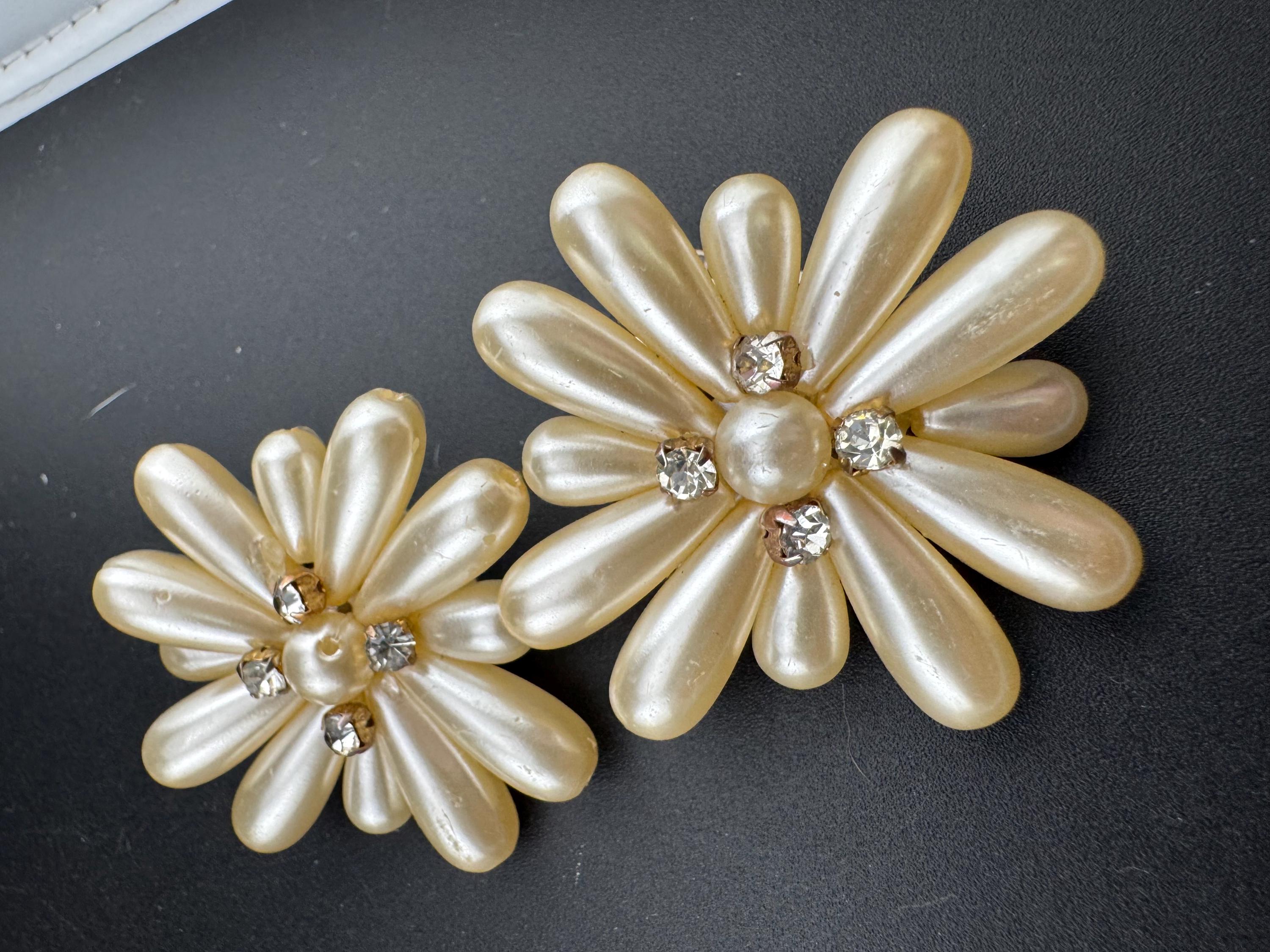 Oversized floral faux pearl cluster earrings with diamanté 5cm plastic