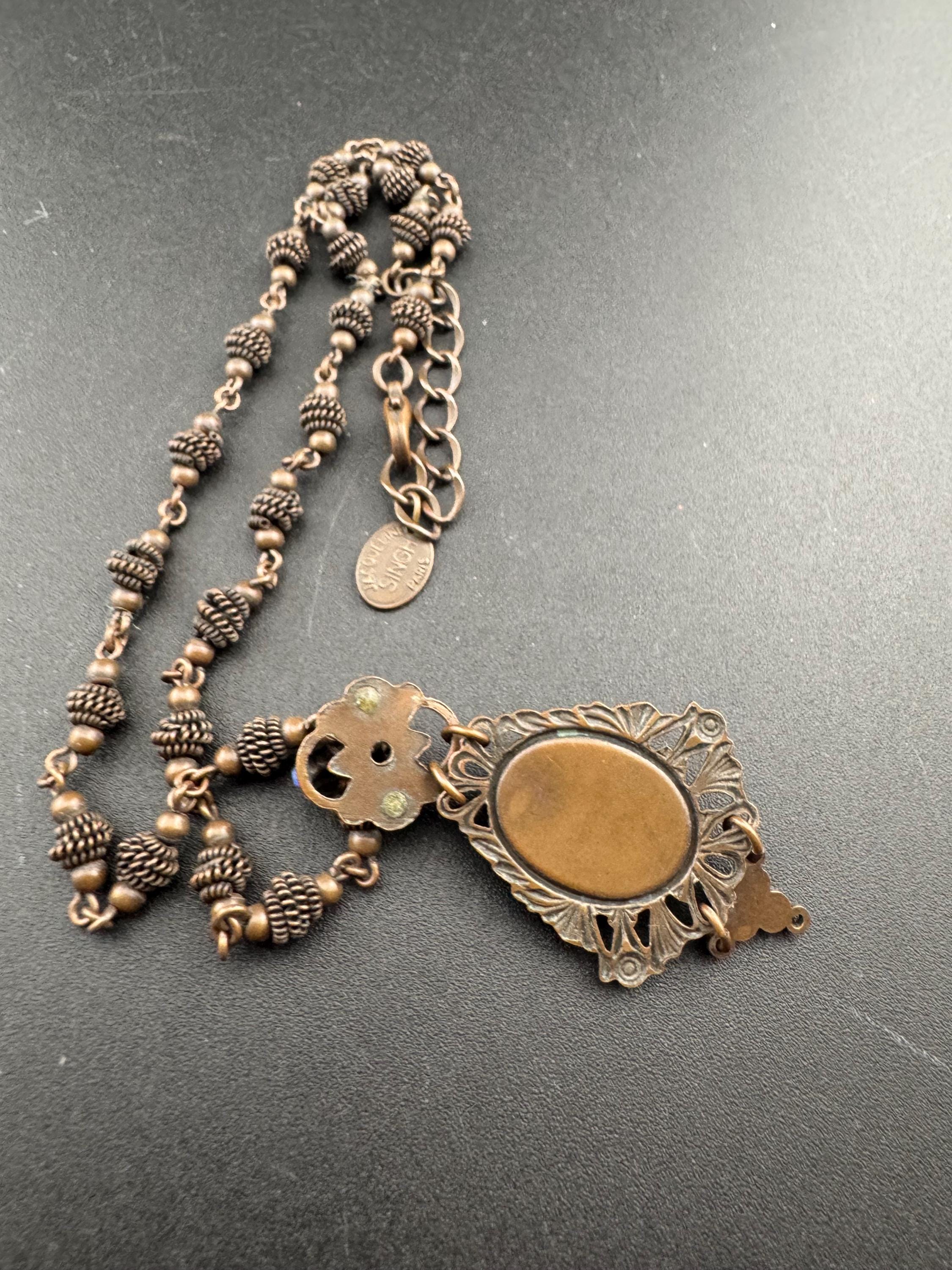 Petite fit signed Jacqueline Singh Paris copper tone blue rhinestone pendant necklace