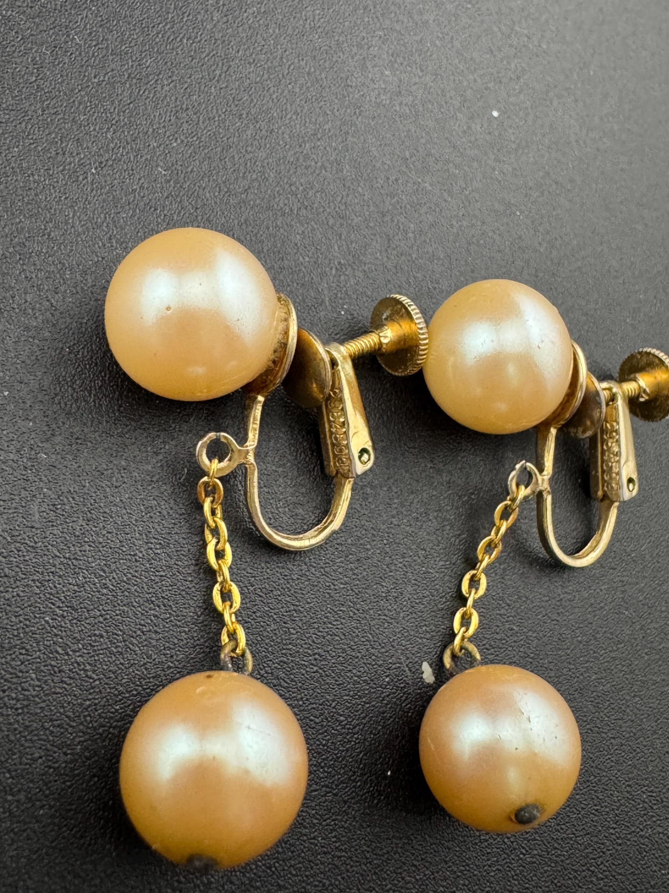 vintage cream ivory pearl ball drop dropper fine chain earrings Screw Back fitting 1930s 1940s