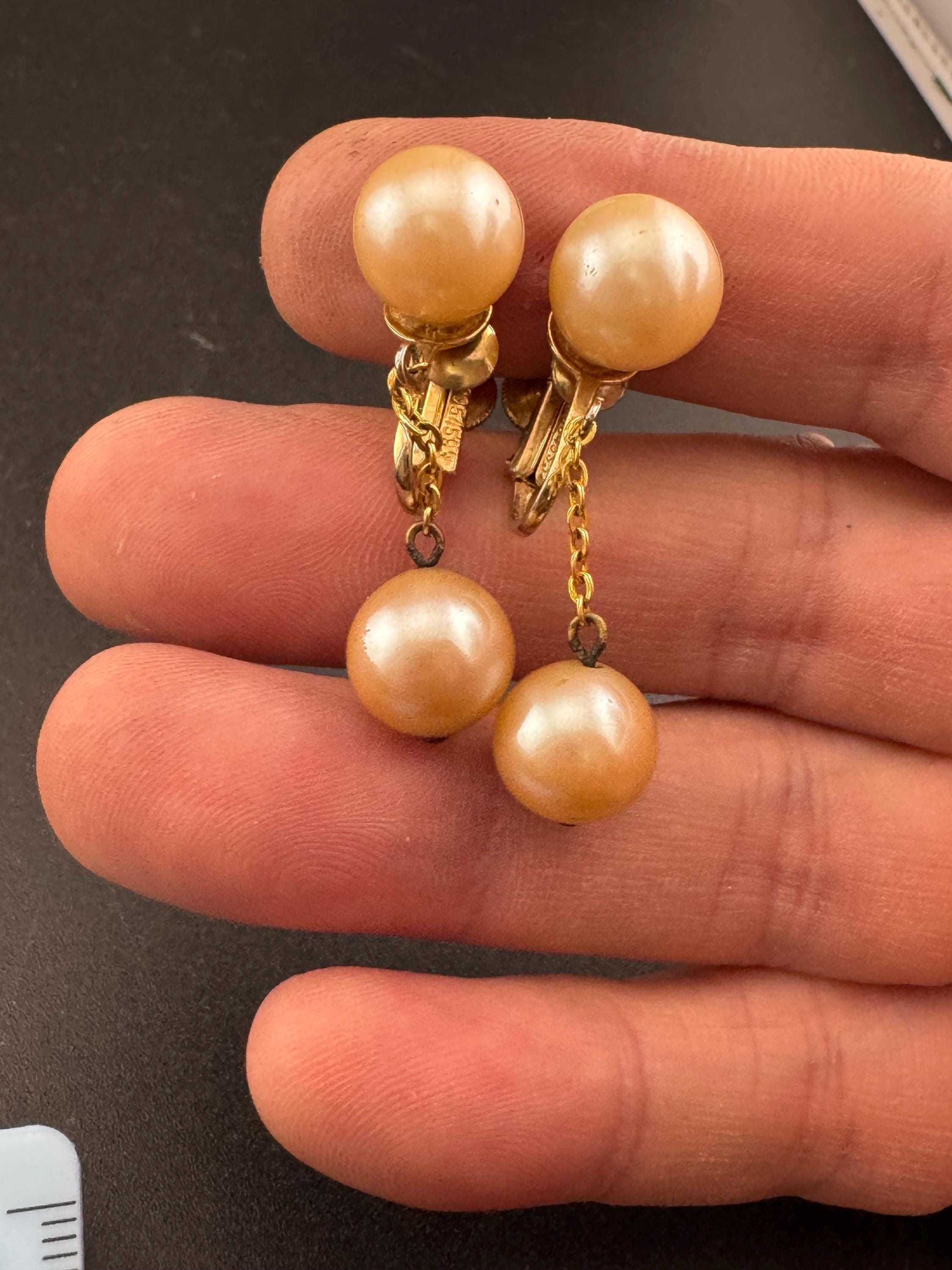 vintage cream ivory pearl ball drop dropper fine chain earrings Screw Back fitting 1930s 1940s