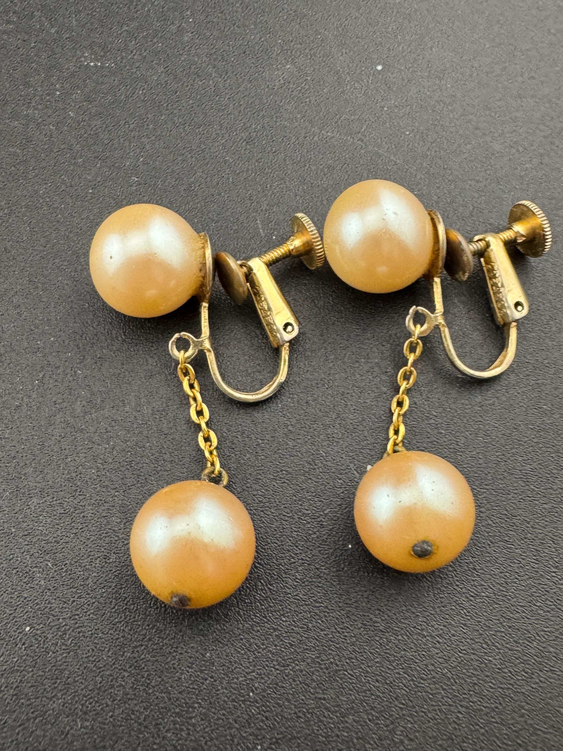 vintage cream ivory pearl ball drop dropper fine chain earrings Screw Back fitting 1930s 1940s