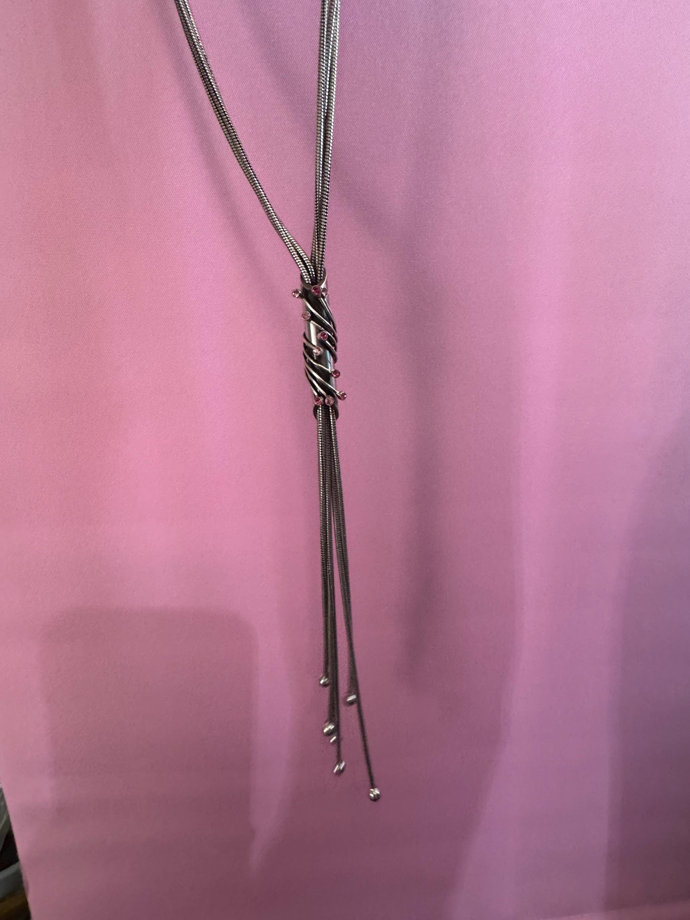 Vintage Spyrilliotis Athens signed  silver modernist tassel pendant necklace set with pink rhinestones