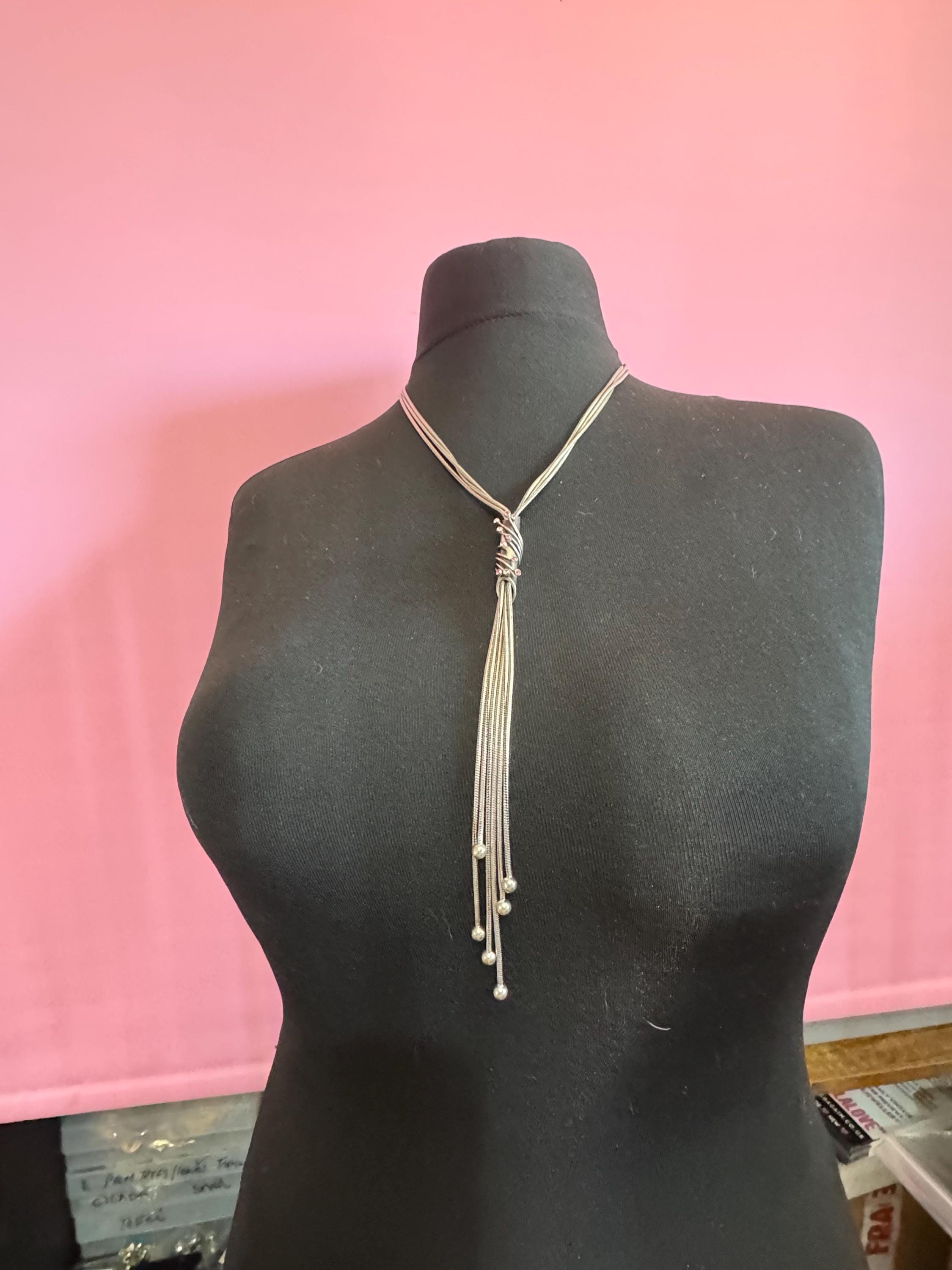 Vintage Spyrilliotis Athens signed  silver modernist tassel pendant necklace set with pink rhinestones