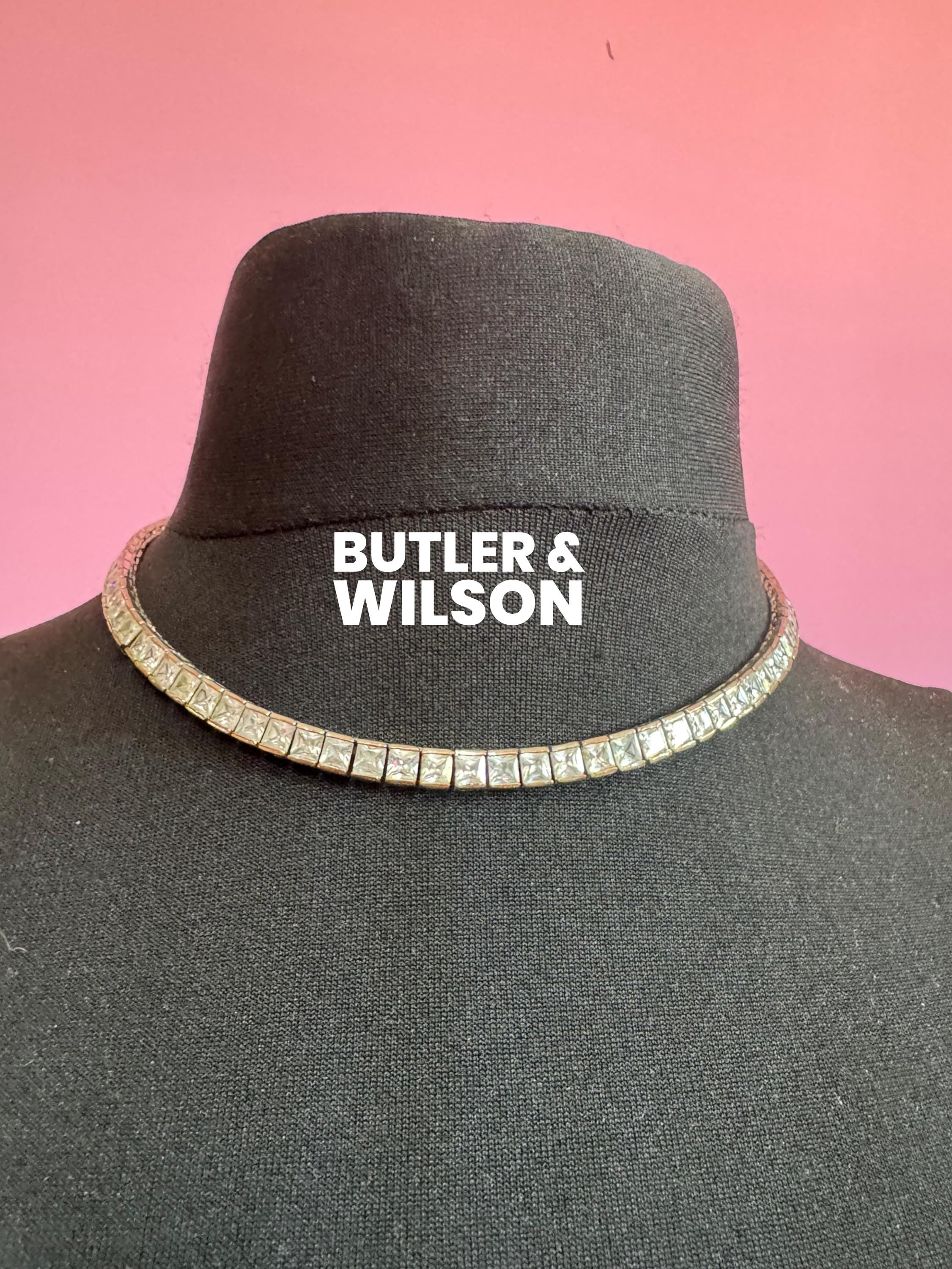 As found Signed BW Vintage square cut diamanté rhinestone clear necklace with wear Butler Wilson