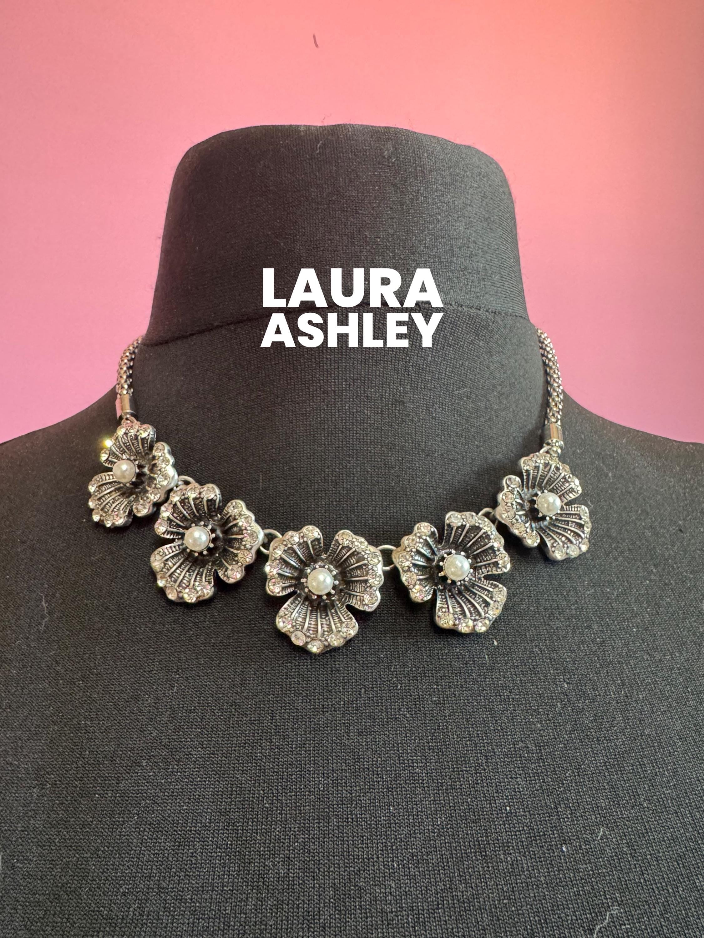 Retro signed Laura Ashley modernist silver tone panel link floral diamanté and pearl collar choker Necklace