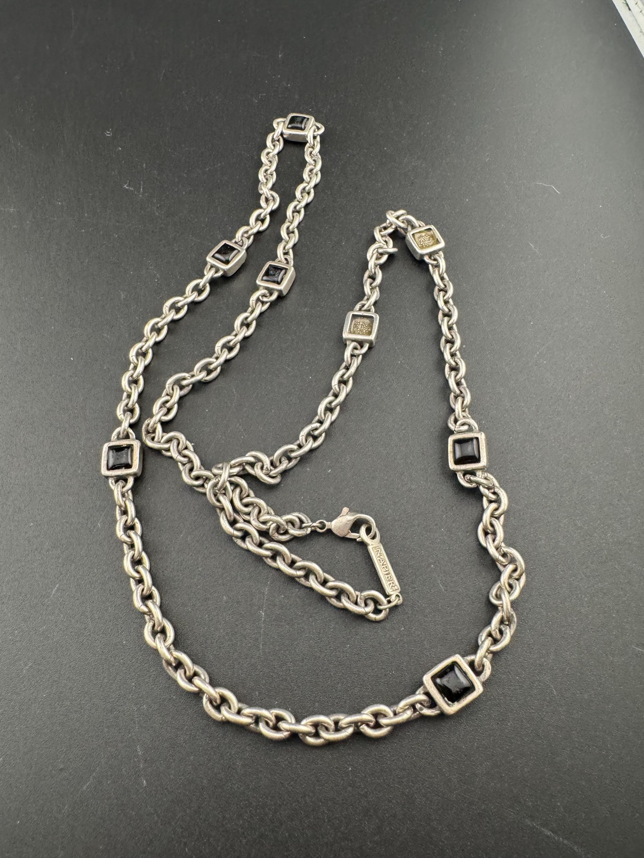 Signed NAPIER as found silver tone black square cabochon long station link cable necklace