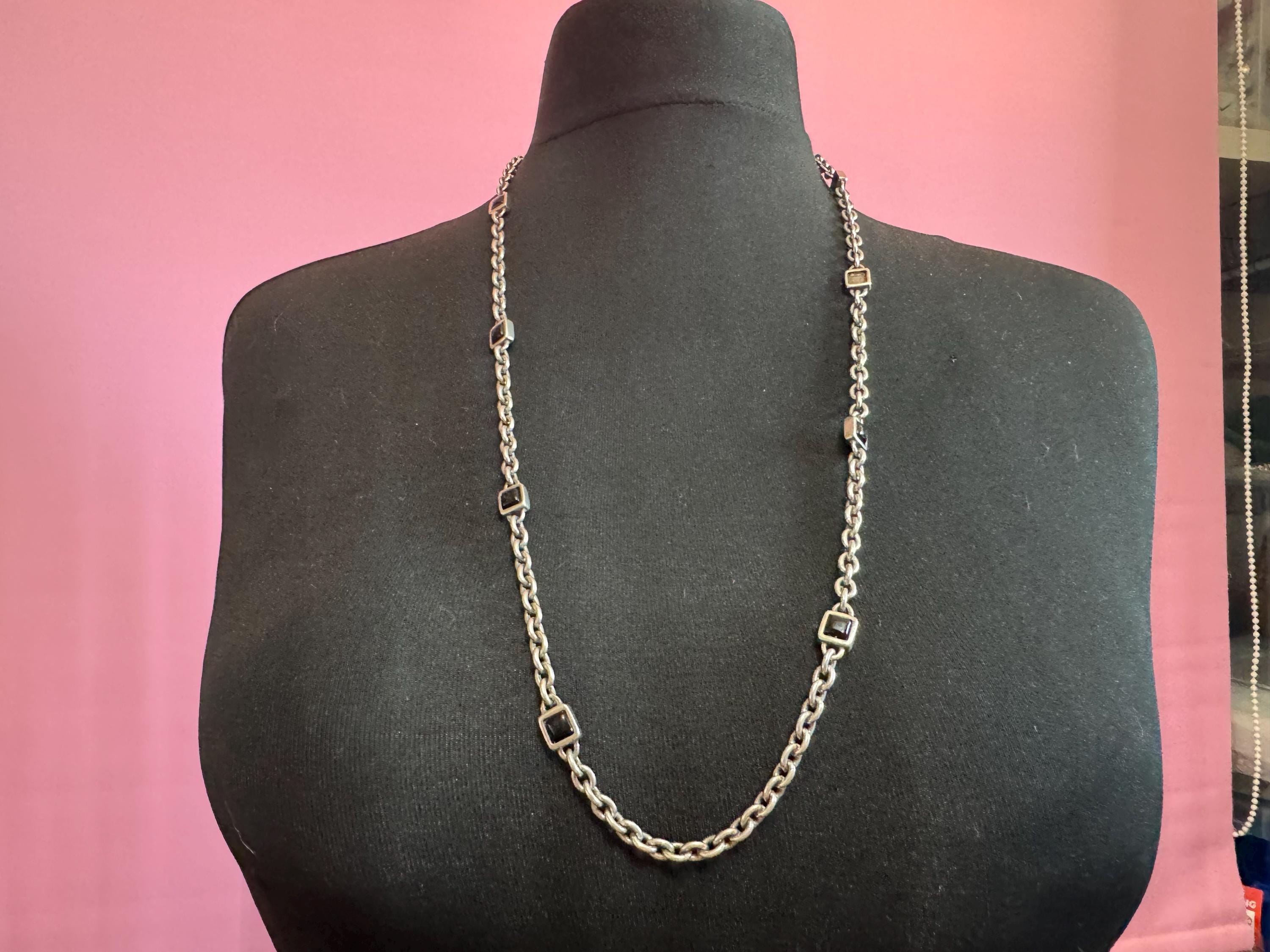 Signed NAPIER as found silver tone black square cabochon long station link cable necklace