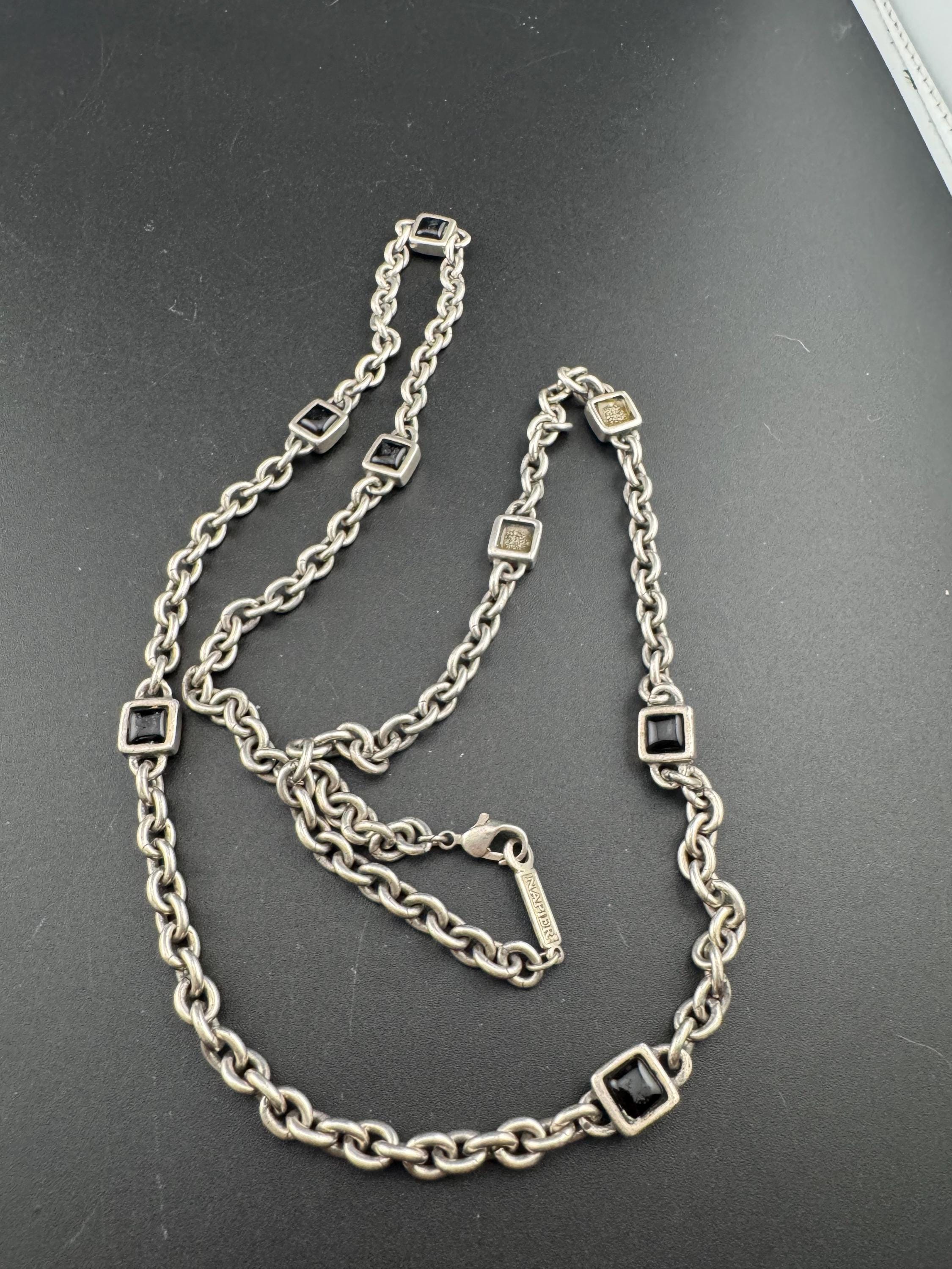 Signed NAPIER as found silver tone black square cabochon long station link cable necklace