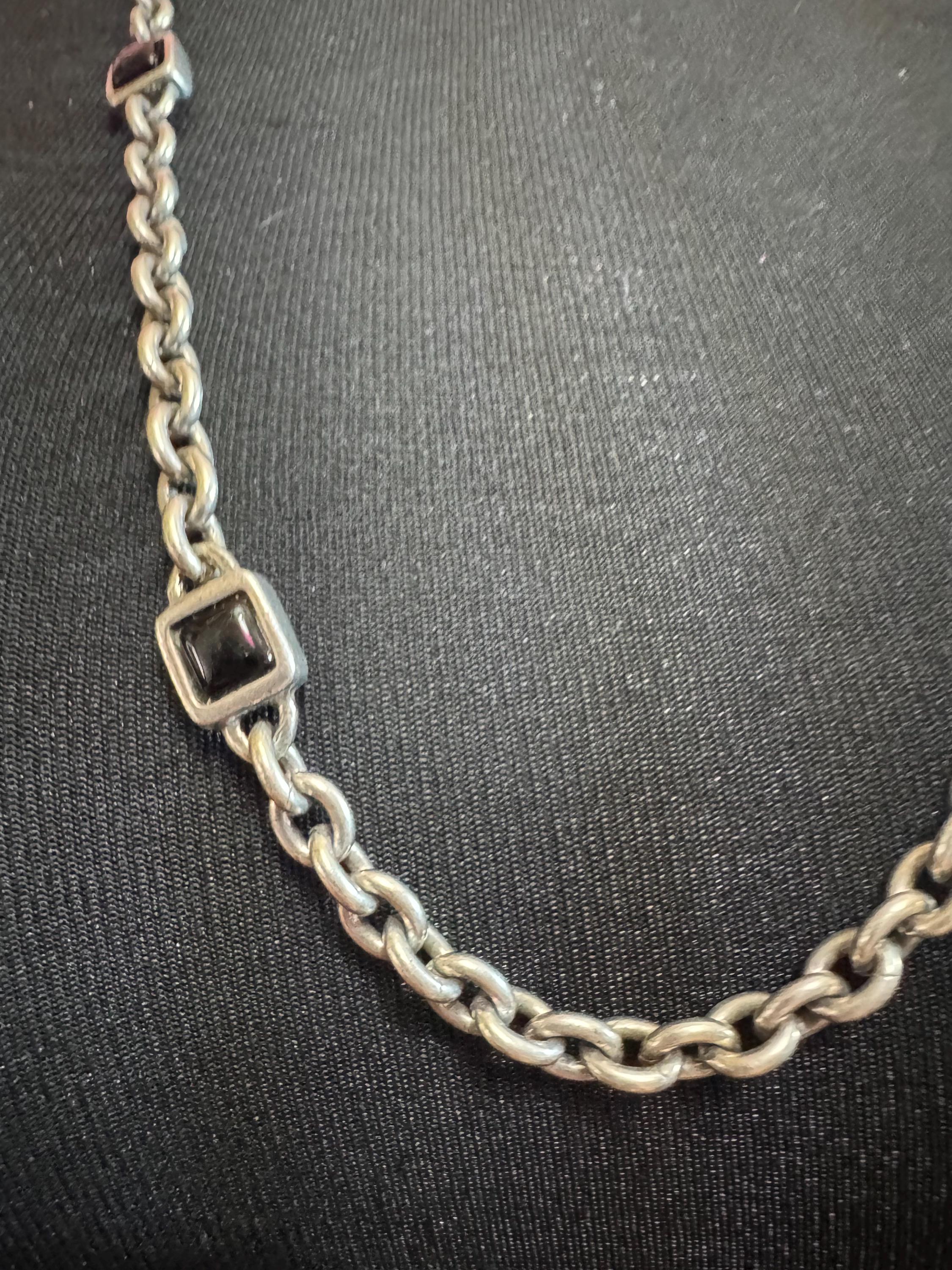 Signed NAPIER as found silver tone black square cabochon long station link cable necklace