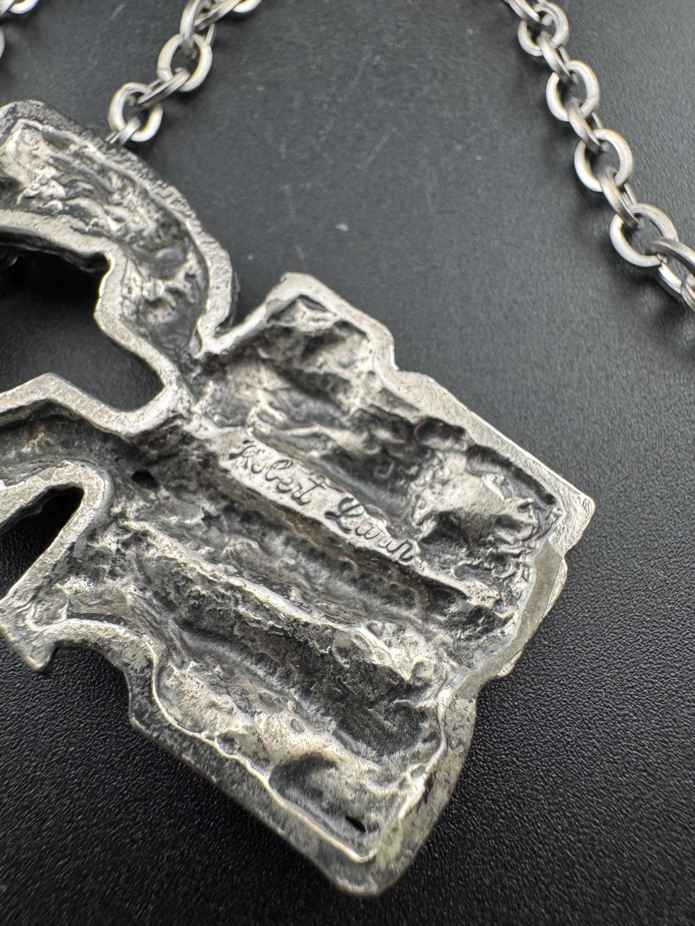 Vintage 1970s signed Robert Larin abstract brutalist pendant on 64cm chain, Canadian designer