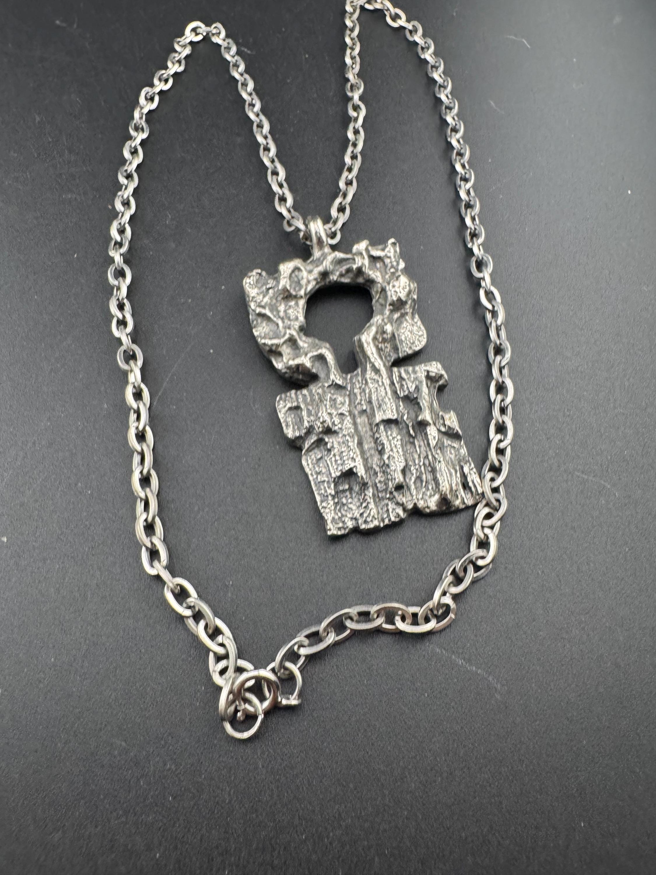 Vintage 1970s signed Robert Larin abstract brutalist pendant on 64cm chain, Canadian designer